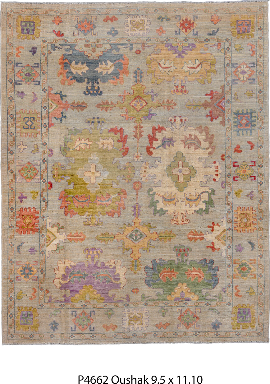 9' x 11' one-of-a-kind handmade vintage Oushak large size rug. Color palette: blue, brown, gray, light gray, off-white