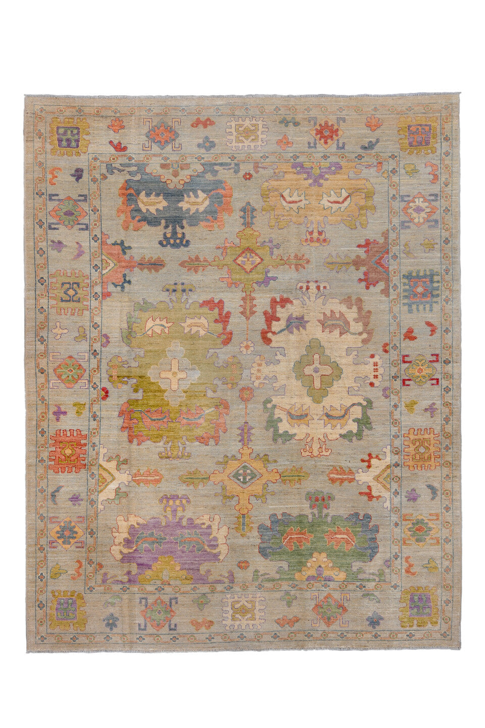 9' x 11' one-of-a-kind handmade vintage Oushak large size rug. Color palette: blue, brown, gray, light gray, off-white
