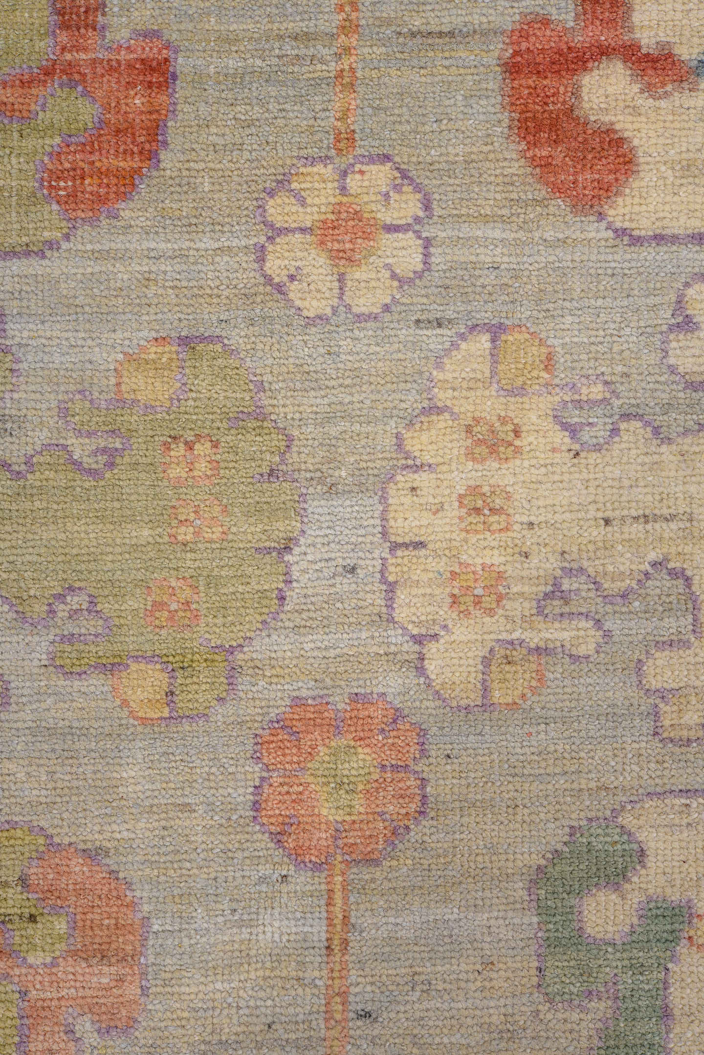 9' x 11' one-of-a-kind handmade vintage Oushak large size rug. Color palette: ivory, sage, gold, coral, lavender, slate