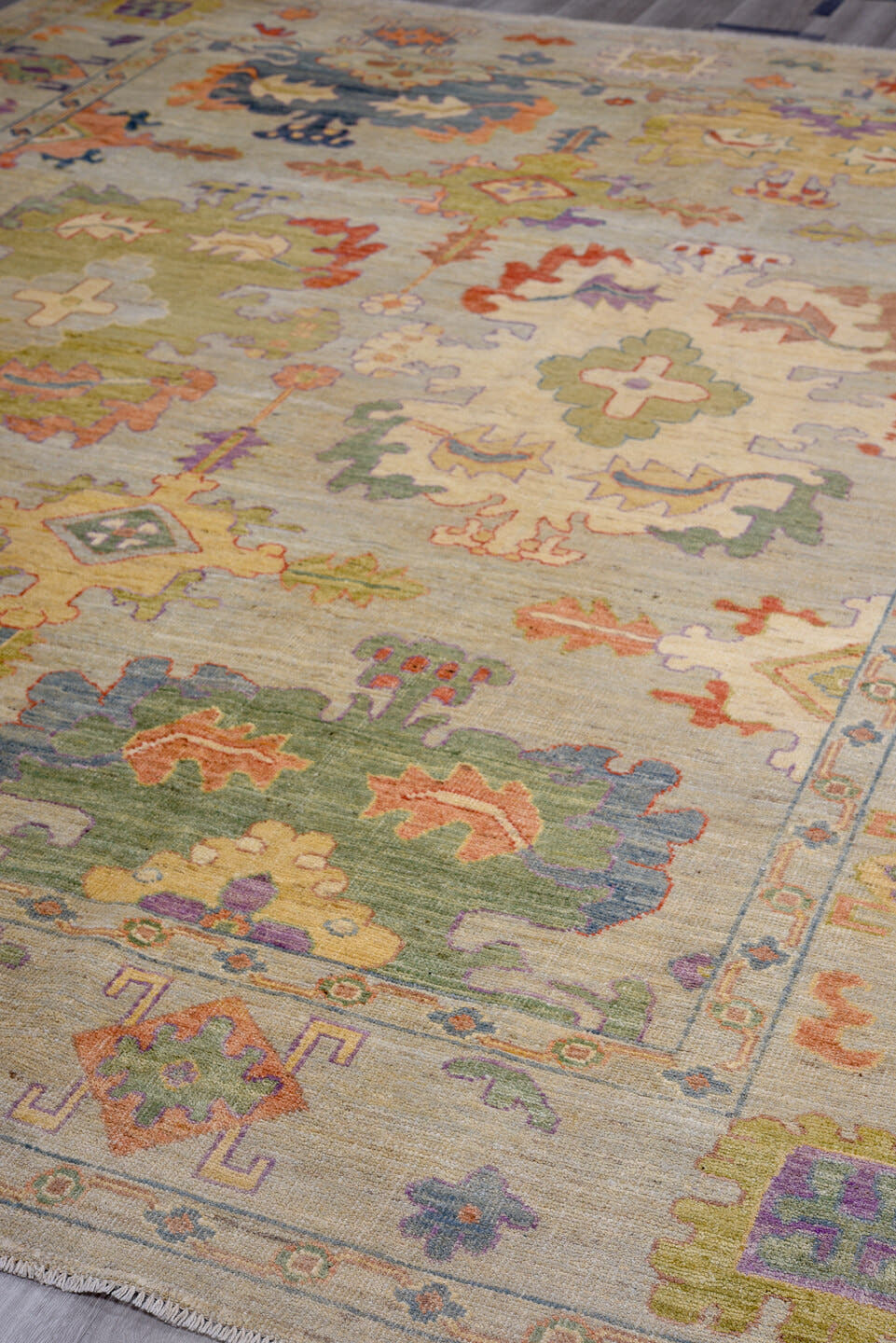 9' x 11' one-of-a-kind handmade vintage Oushak large size rug. Color palette: ivory, sage, gold, coral, lavender, slate