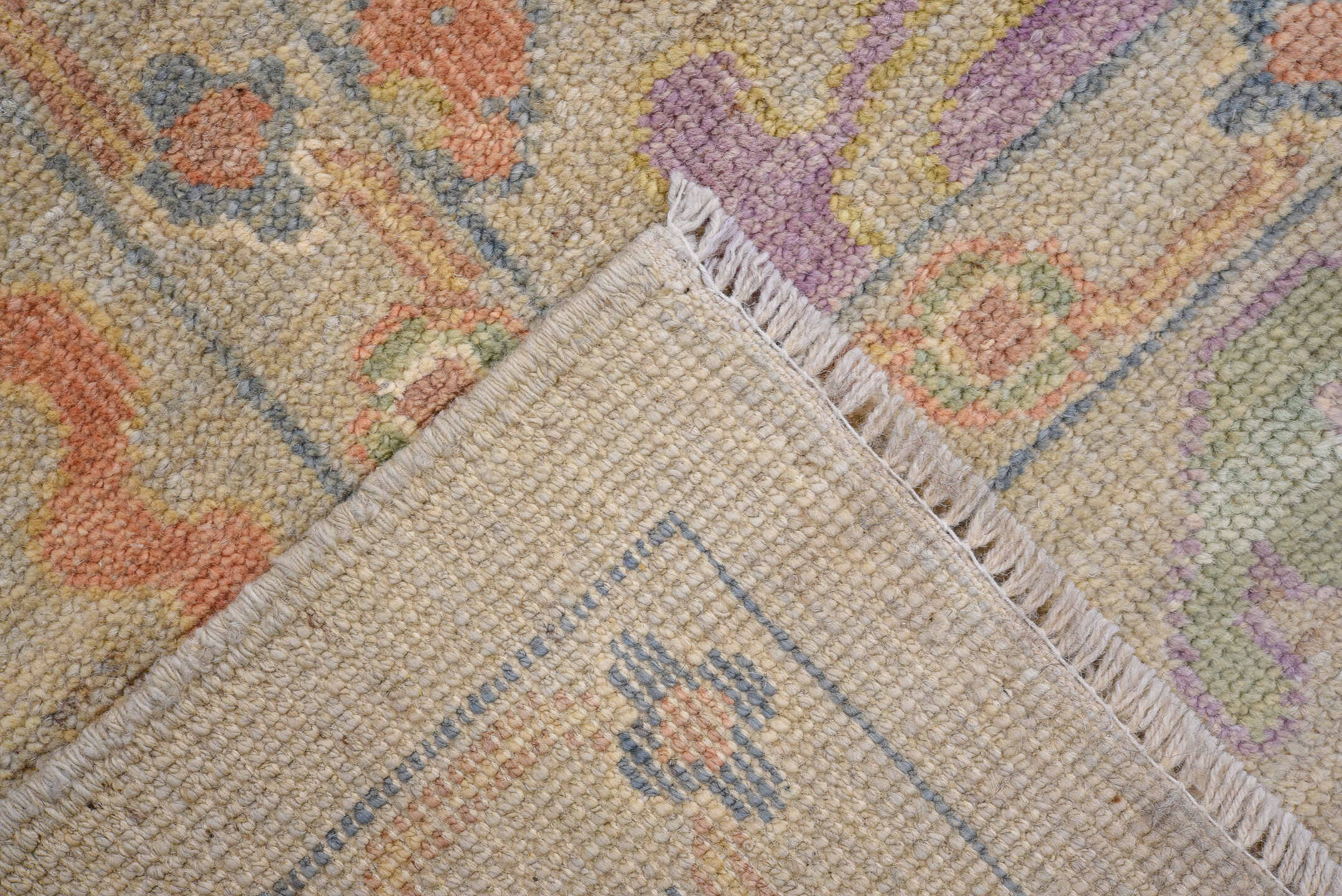 9' x 11' one-of-a-kind handmade vintage Oushak large size rug. Color palette: ivory, sage, gold, coral, lavender, slate