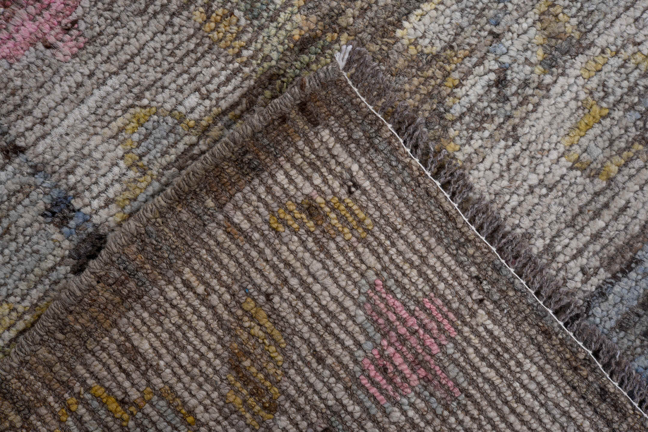 8' x 9' one-of-a-kind handmade vintage Oushak large size rug. Color palette: taupe, sky blue, ivory, pink, gold, brown, gray