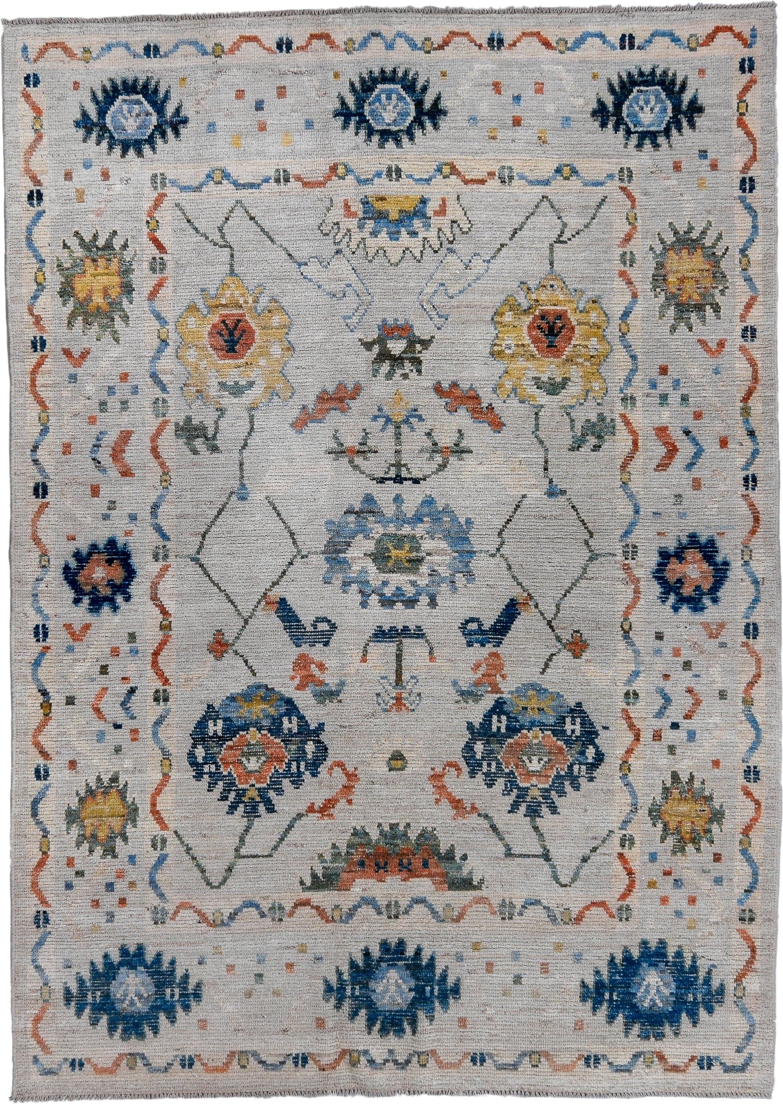 5' x 8' one-of-a-kind handmade vintage Oushak medium size rug. Color palette: ivory, blue, sky blue, rust, gold, sage