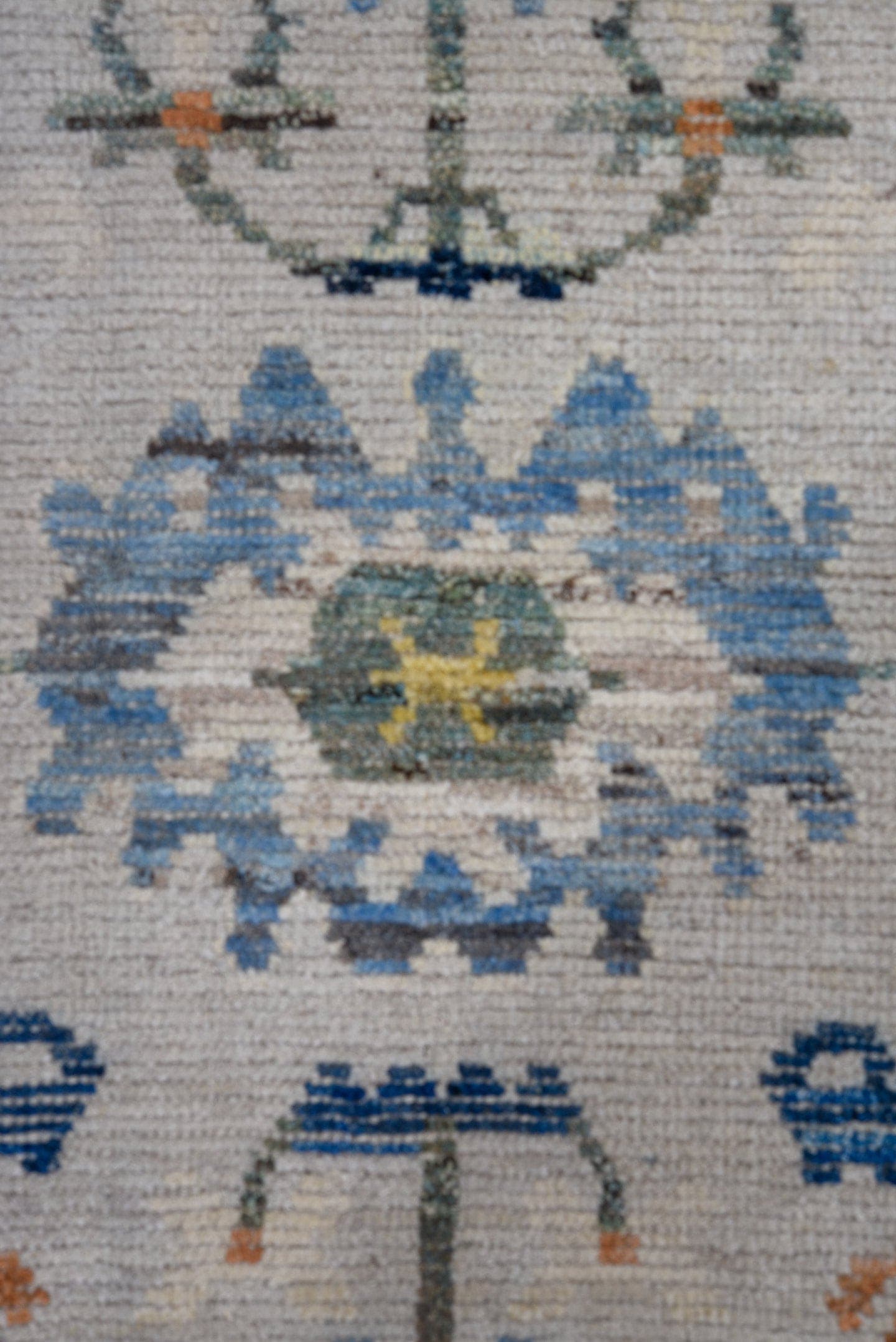 5' x 8' one-of-a-kind handmade vintage Oushak medium size rug. Color palette: ivory, blue, sky blue, rust, gold, sage