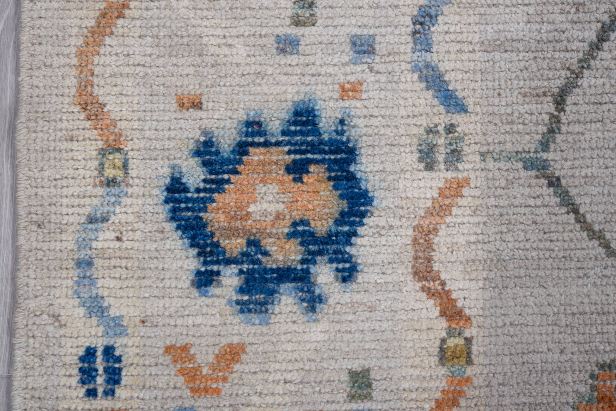 5' x 8' one-of-a-kind handmade vintage Oushak medium size rug. Color palette: ivory, blue, sky blue, rust, gold, sage