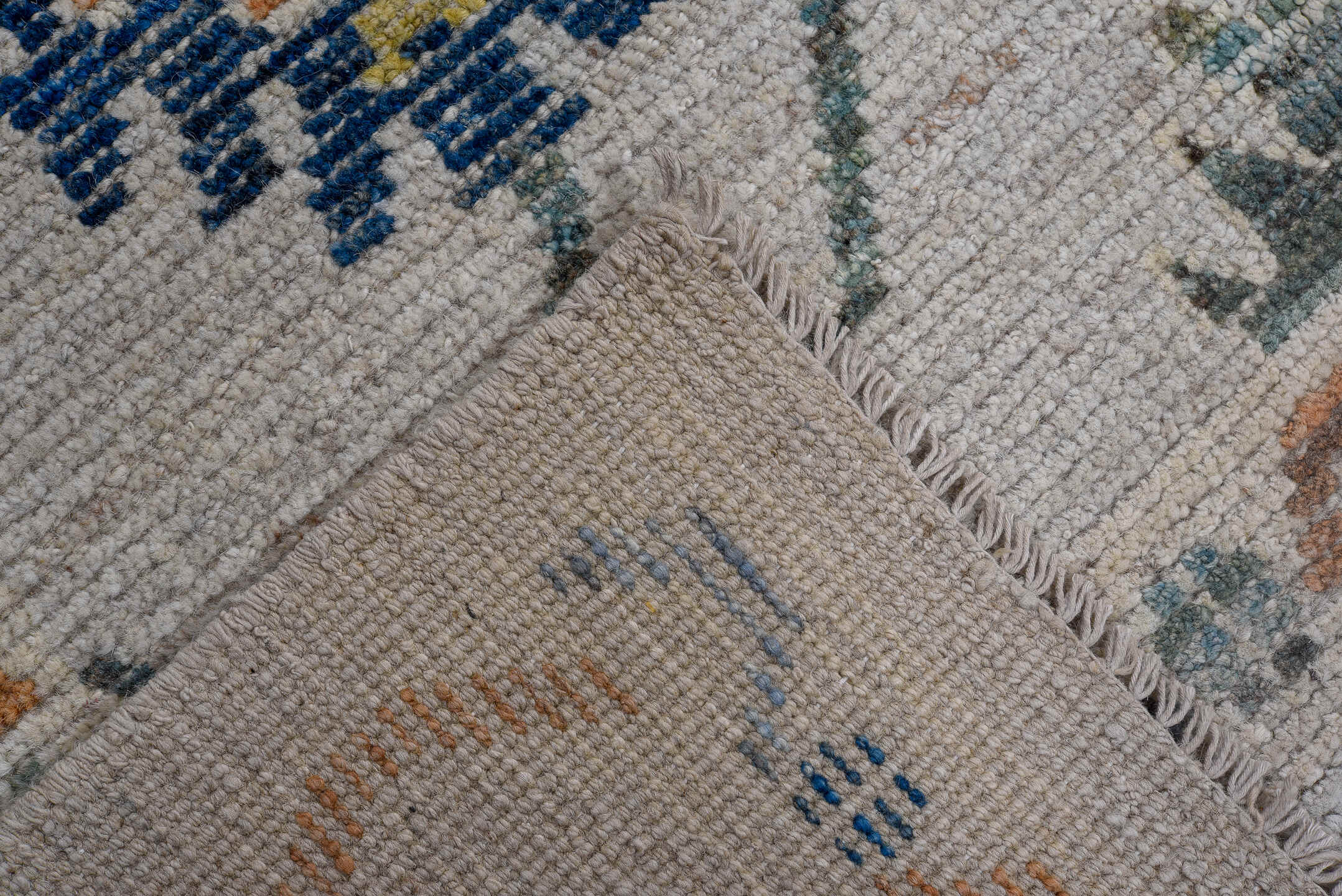 5' x 8' one-of-a-kind handmade vintage Oushak medium size rug. Color palette: ivory, blue, sky blue, rust, gold, sage
