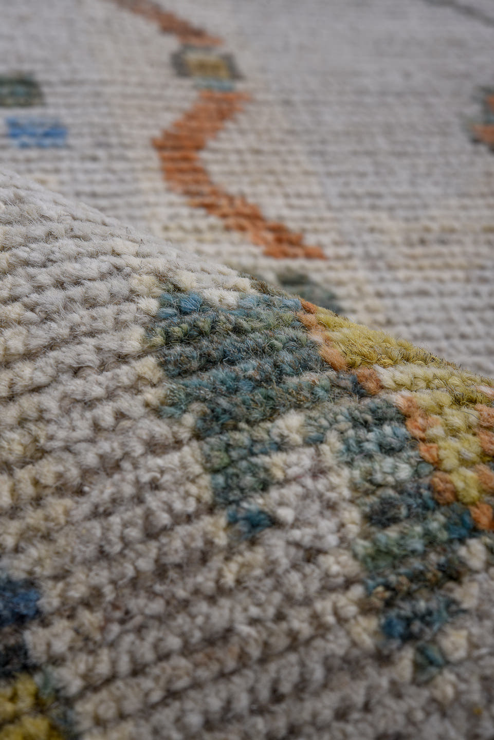 5' x 8' one-of-a-kind handmade vintage Oushak medium size rug. Color palette: ivory, blue, sky blue, rust, gold, sage