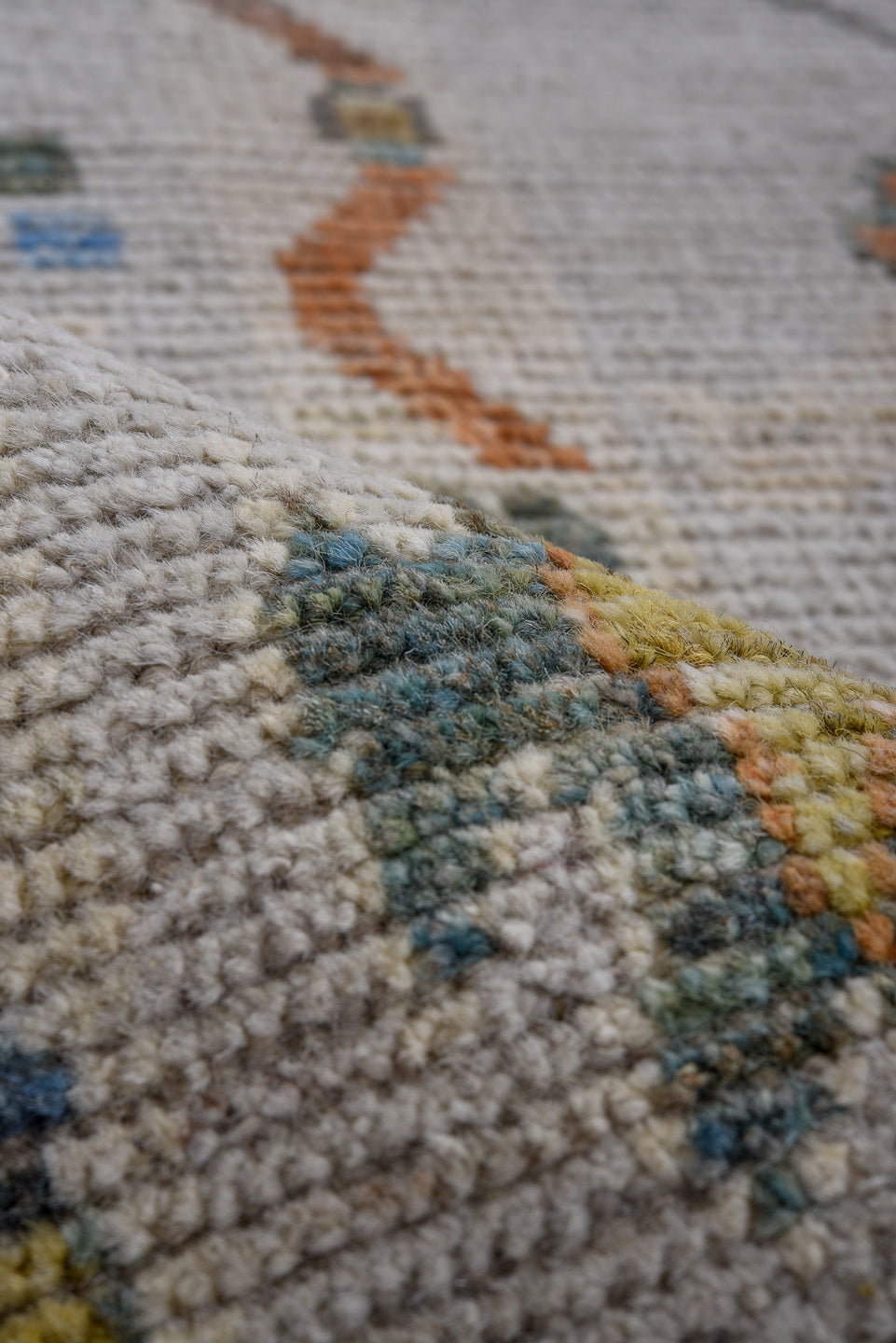 5' x 8' one-of-a-kind handmade vintage Oushak medium size rug. Color palette: ivory, blue, sky blue, rust, gold, sage
