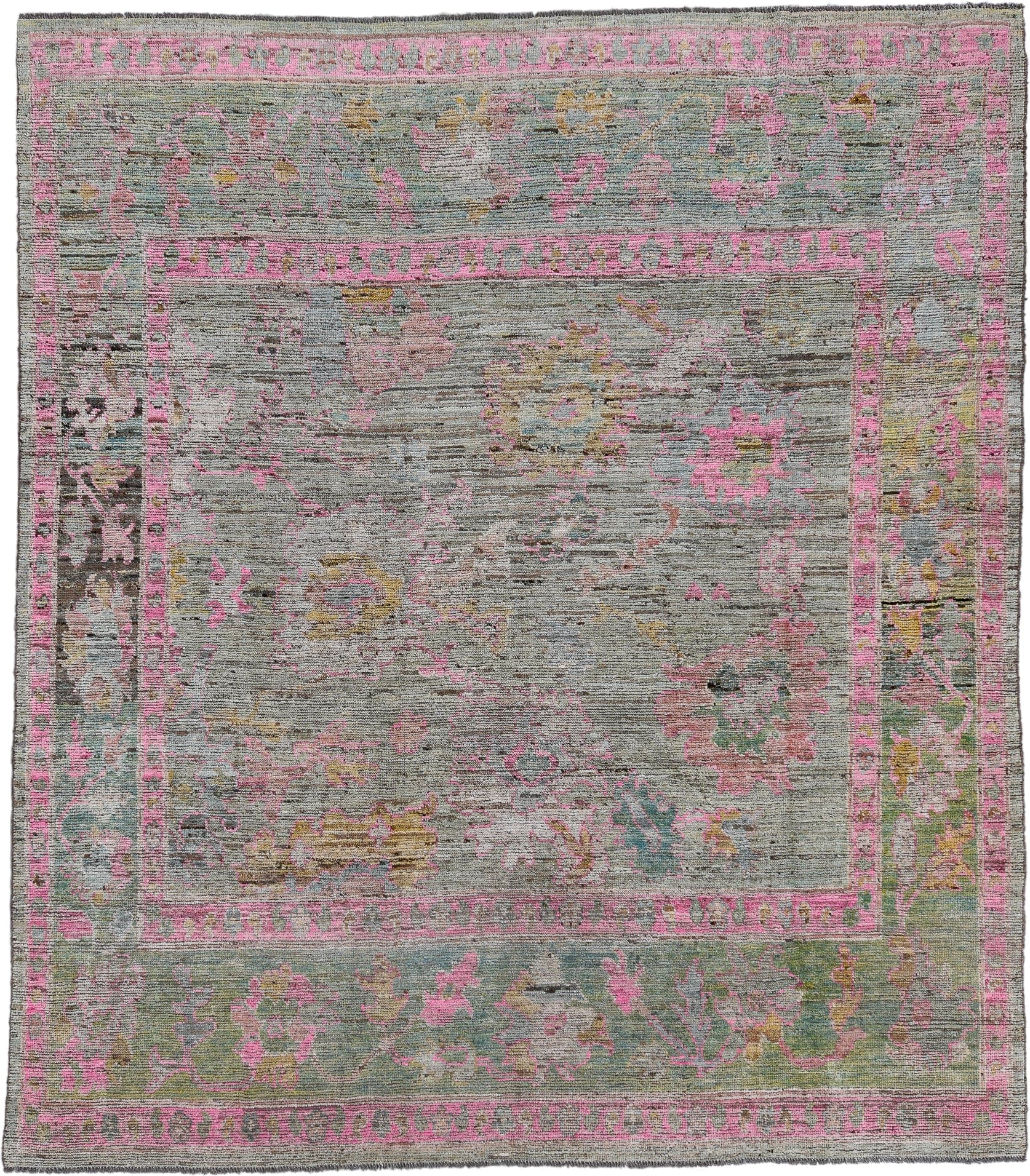 8' x 9' one-of-a-kind handmade vintage Oushak rug. Color palette: gray, pink, ivory, gold, sage, taupe, green, beige