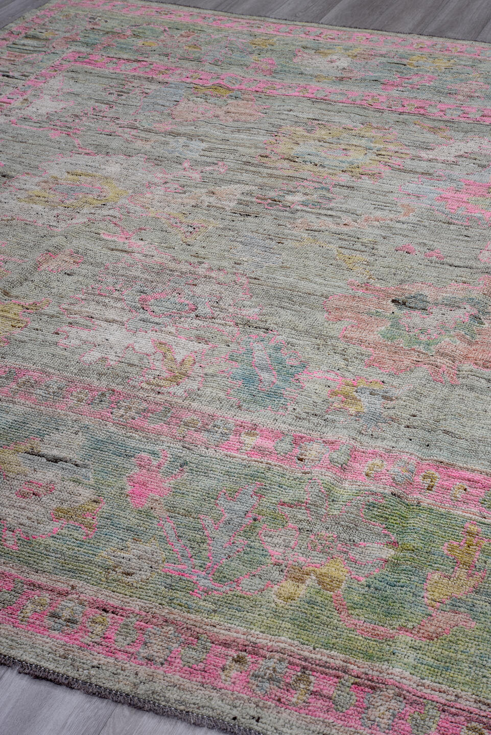 8' x 9' one-of-a-kind handmade vintage Oushak rug. Color palette: gray, pink, ivory, gold, sage, taupe, green, beige