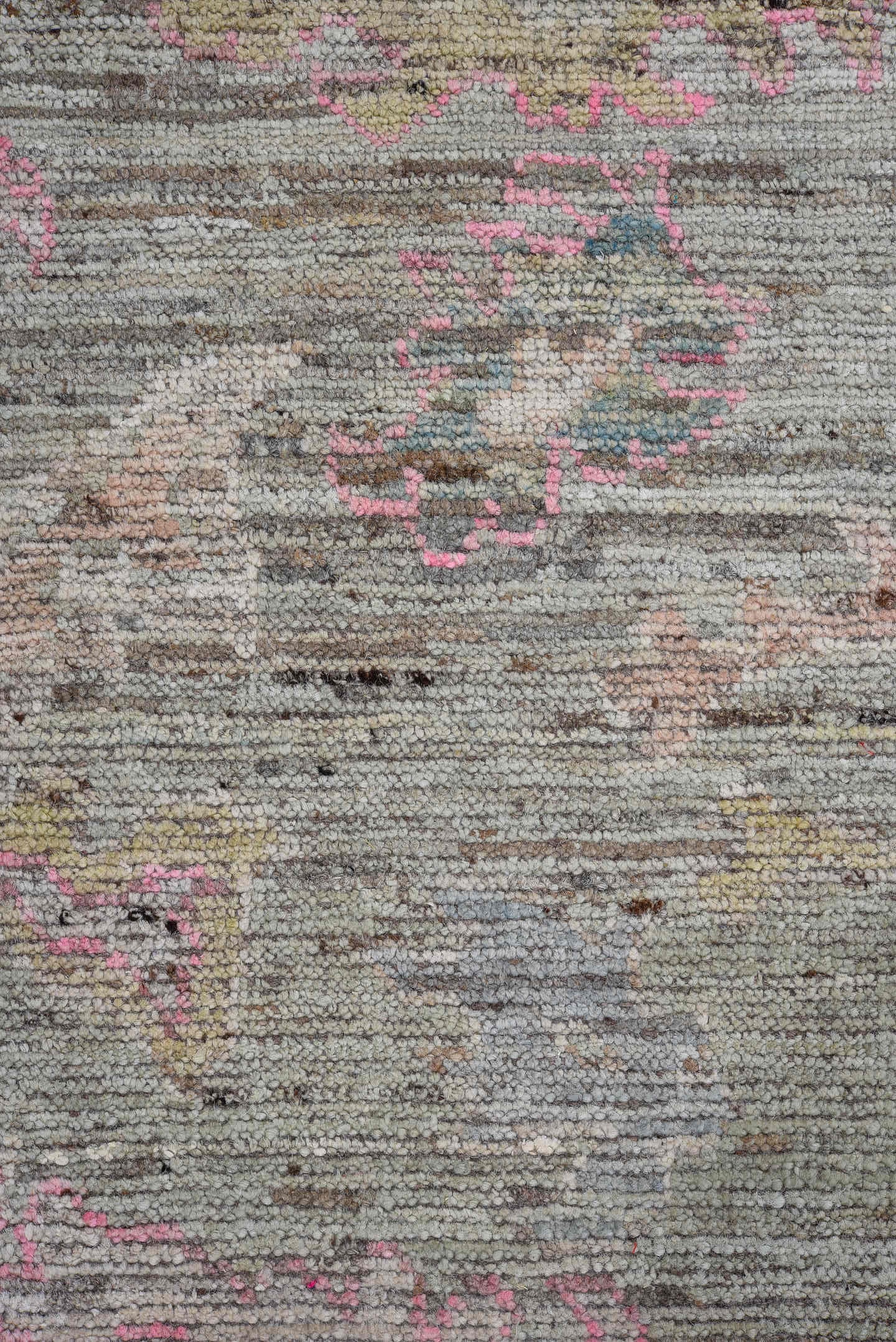 8' x 9' one-of-a-kind handmade vintage Oushak rug. Color palette: gray, pink, ivory, gold, sage, taupe, green, beige
