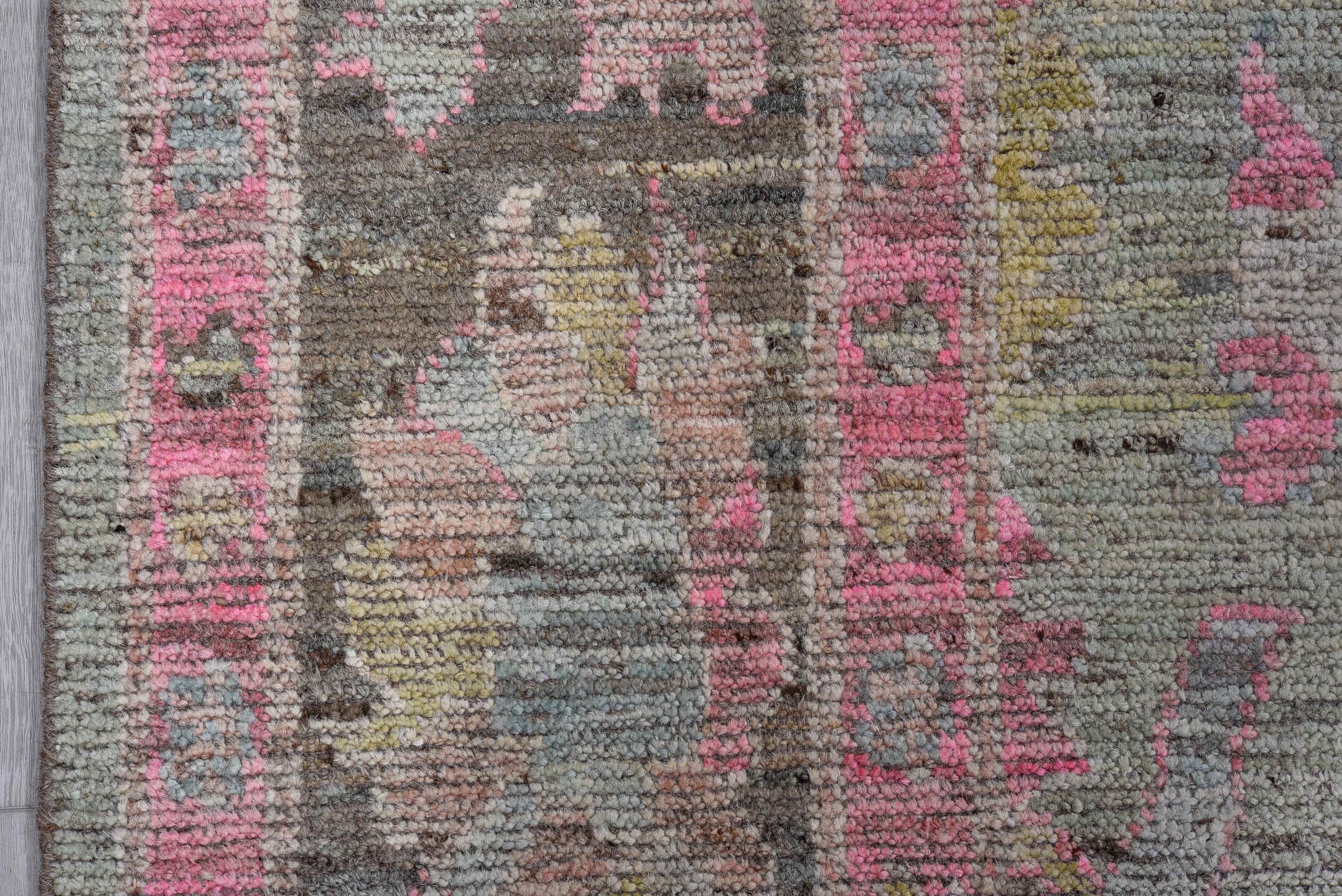 8' x 9' one-of-a-kind handmade vintage Oushak rug. Color palette: gray, pink, ivory, gold, sage, taupe, green, beige