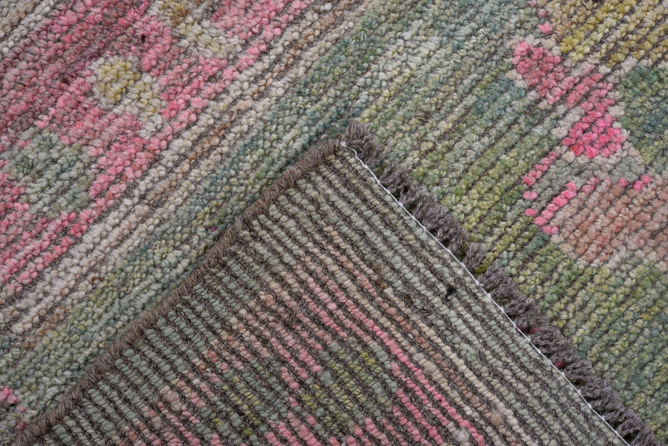 8' x 9' one-of-a-kind handmade vintage Oushak rug. Color palette: gray, pink, ivory, gold, sage, taupe, green, beige