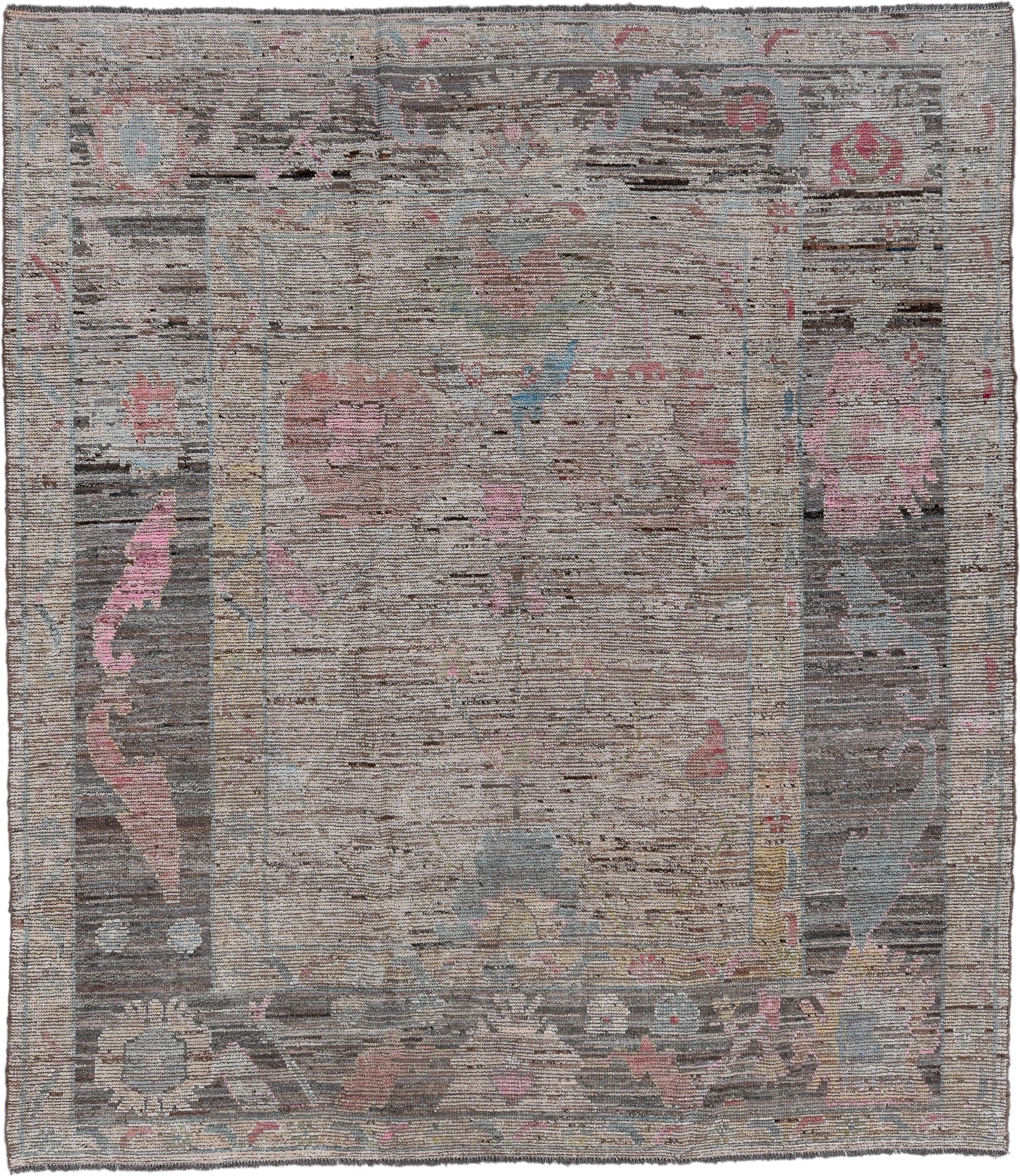 8' x 9' one-of-a-kind handmade vintage Oushak large size rug. Color palette: taupe, charcoal, blush, pale blue, ivory