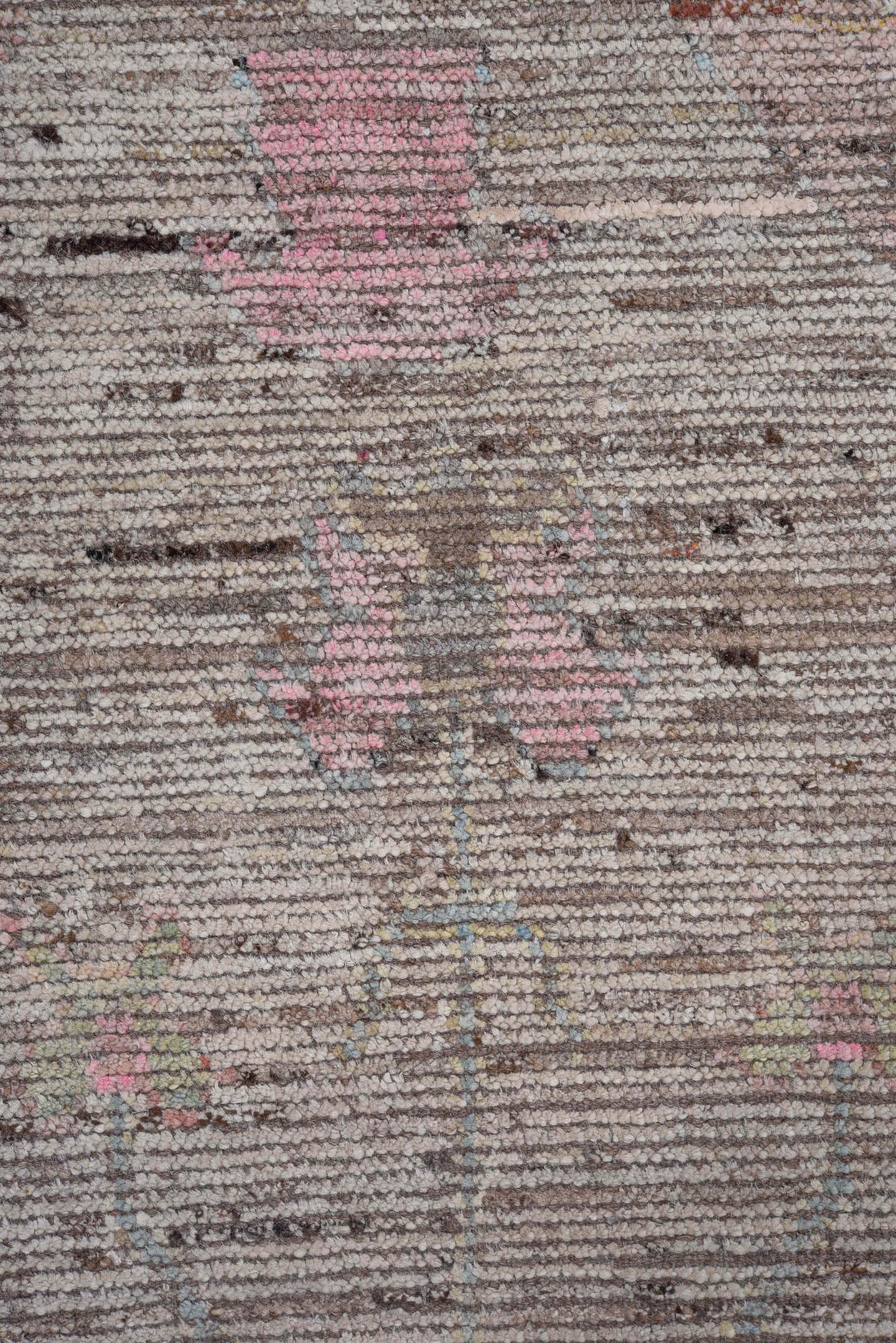 8' x 9' one-of-a-kind handmade vintage Oushak large size rug. Color palette: taupe, charcoal, blush, pale blue, ivory