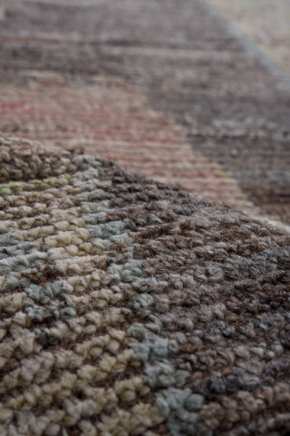 8' x 9' one-of-a-kind handmade vintage Oushak large size rug. Color palette: taupe, charcoal, blush, pale blue, ivory
