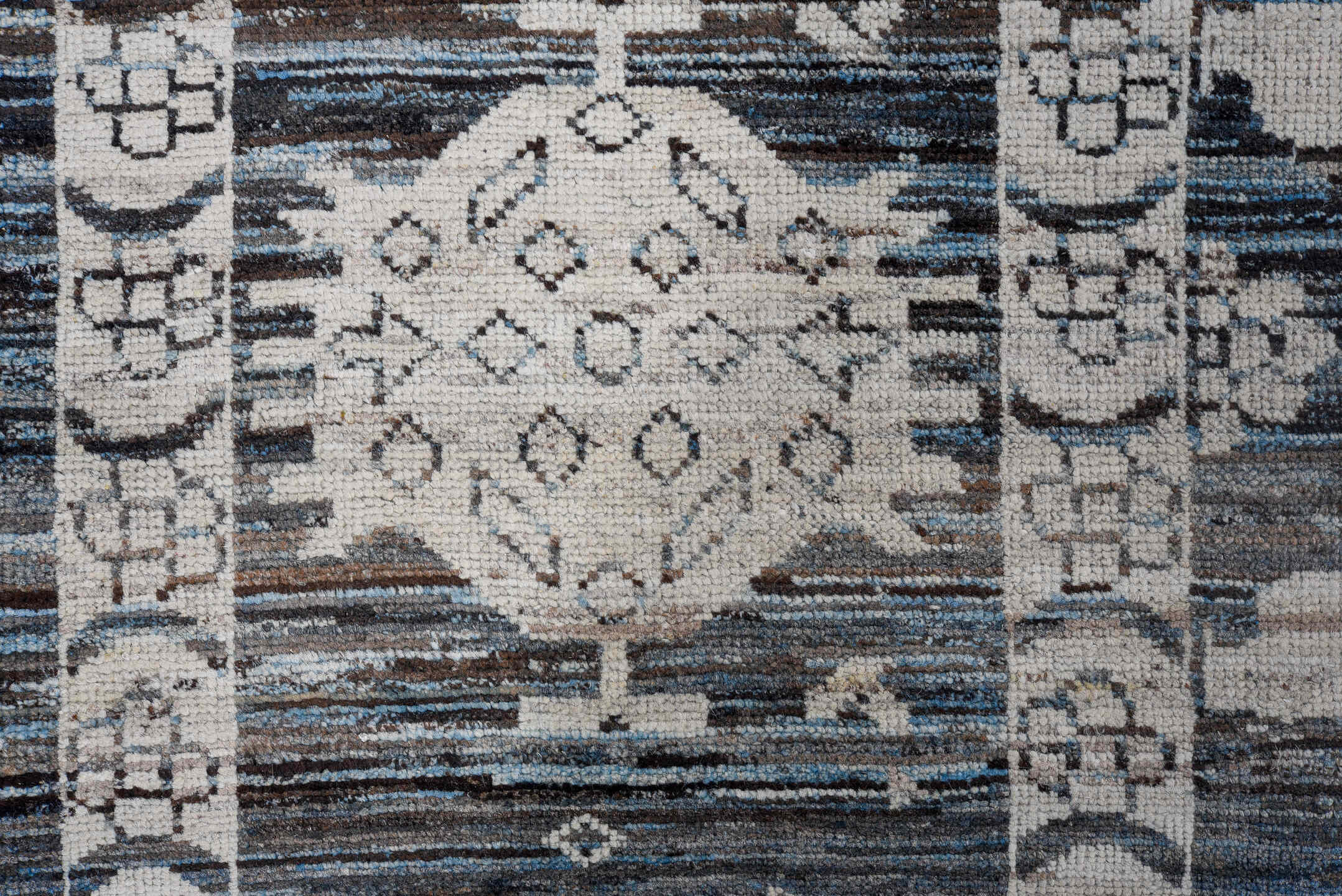 9' x 12' one-of-a-kind handmade vintage Oushak large size rug. Color palette: charcoal, ivory, slate, indigo, steel blue