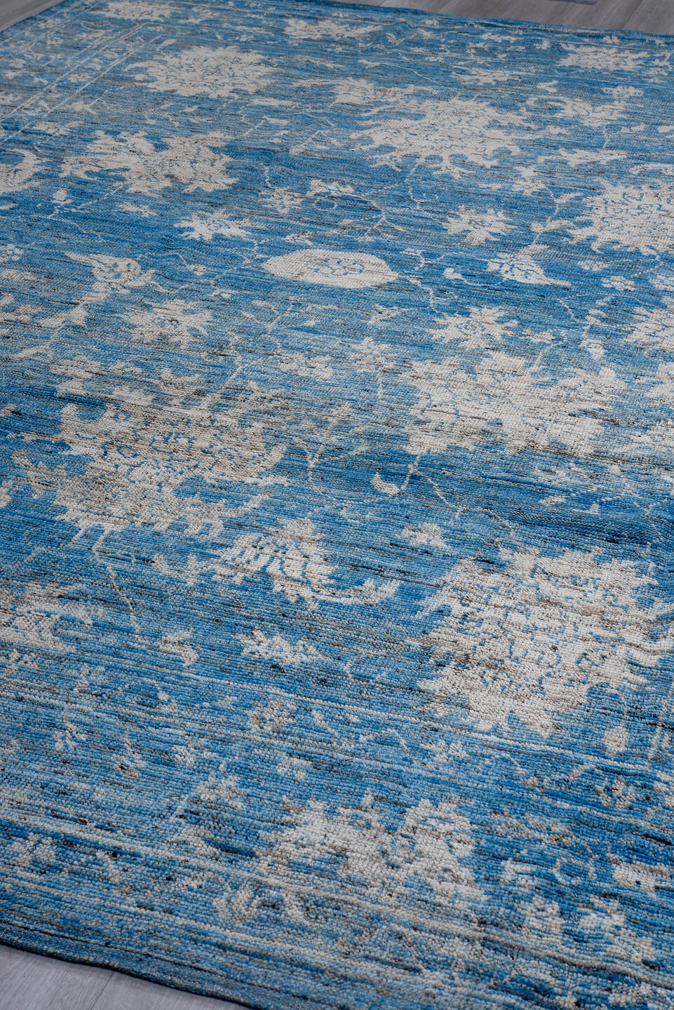 8' x 12' one-of-a-kind handmade vintage Oushak large size rug. Color palette: blue, ivory, sky blue, slate, cream