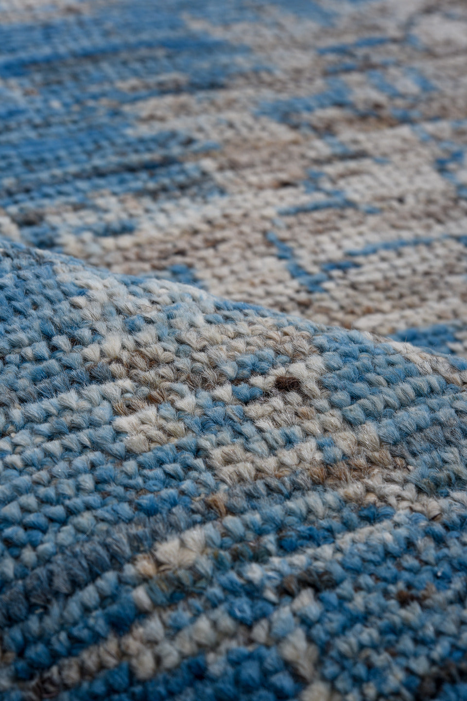 8' x 12' one-of-a-kind handmade vintage Oushak large size rug. Color palette: blue, ivory, sky blue, slate, cream