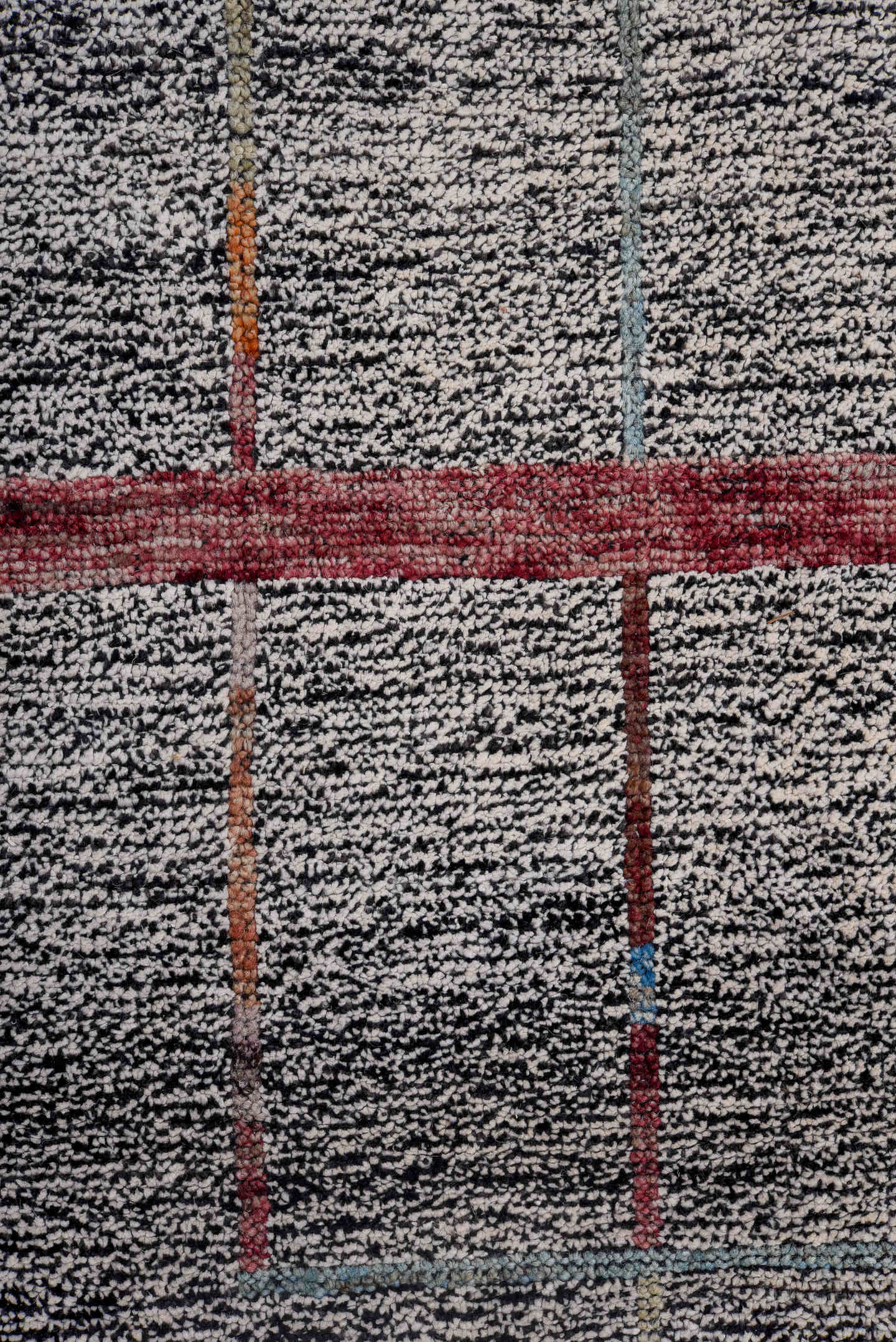 12' x 15' one-of-a-kind handmade vintage Tulu oversize rug. Color palette: gray, charcoal, crimson, ivory, rust, blue, black