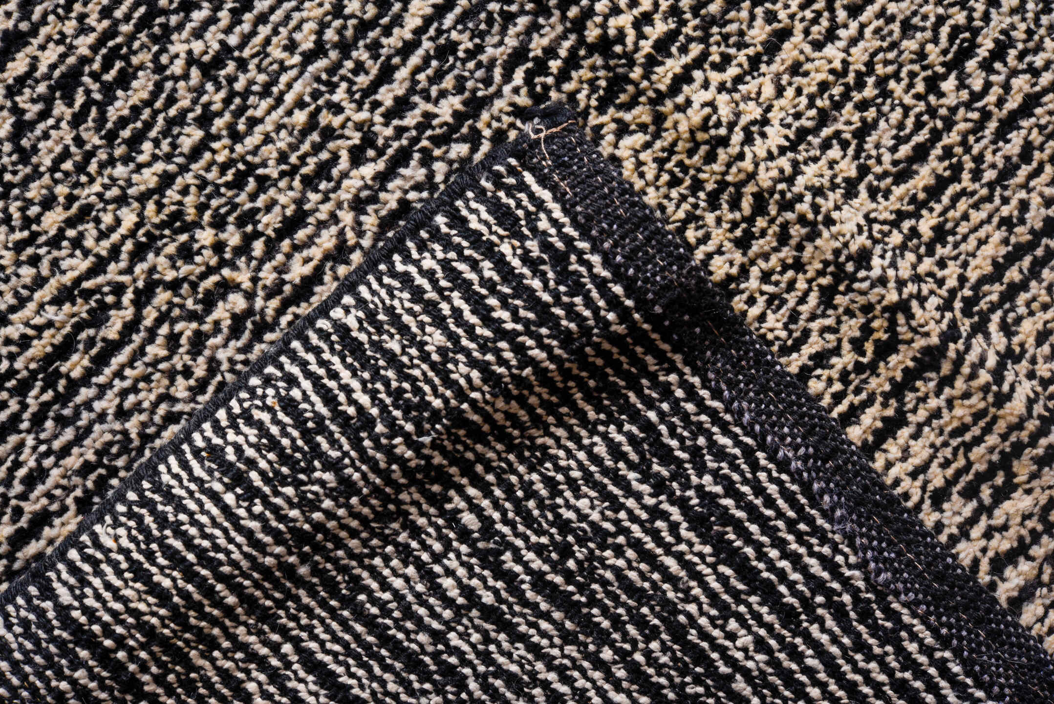 12' x 15' one-of-a-kind handmade vintage Tulu oversize rug. Color palette: black, brown, dark gray, dim gray, gray