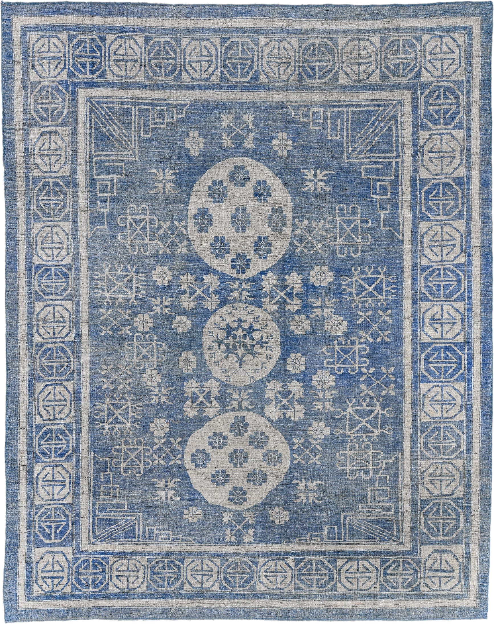 12' x 15' one-of-a-kind handmade vintage Oushak oversize rug. Color palette: blue, ivory, slate, cream, gray