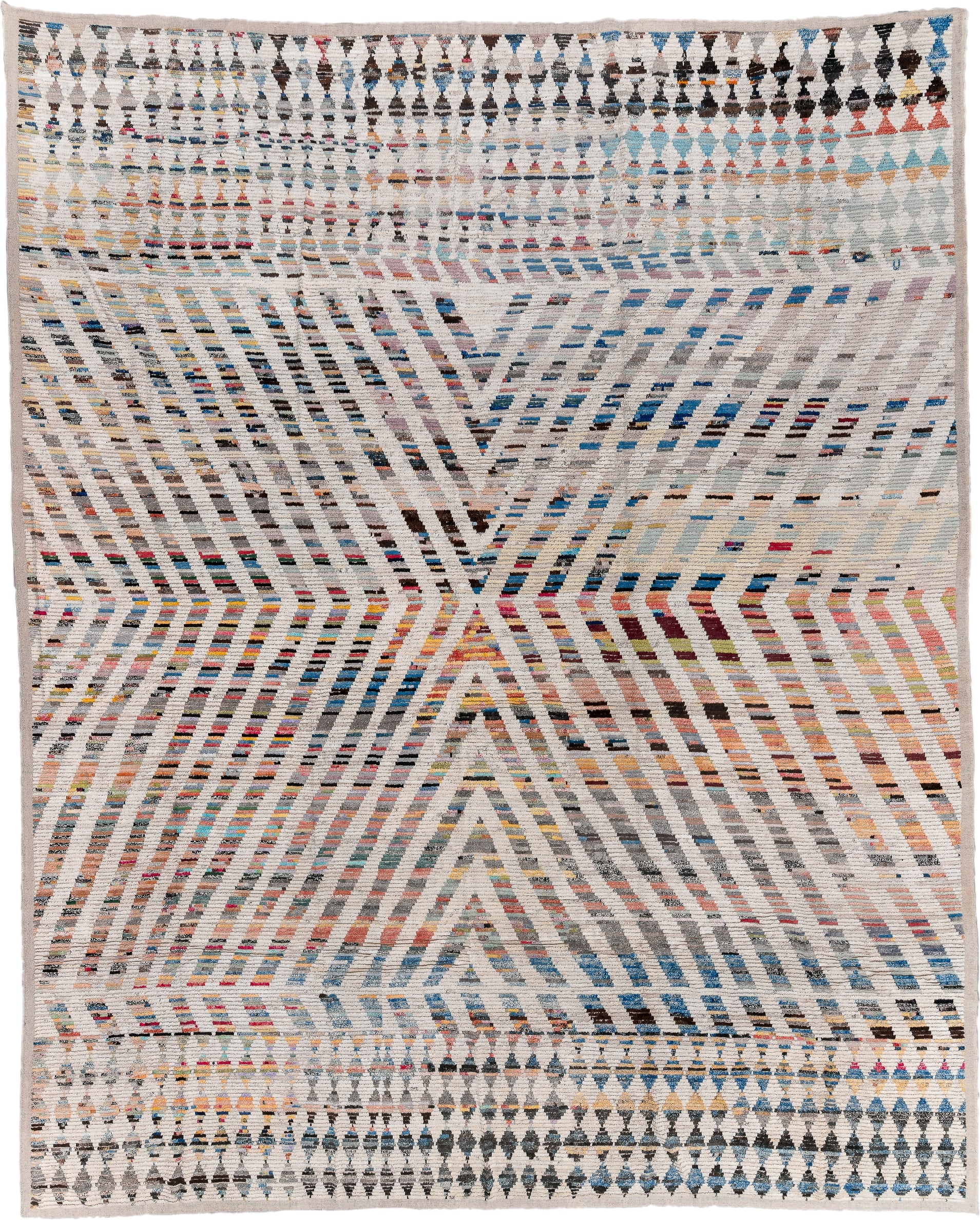 16' x 20' one-of-a-kind handmade vintage Tulu oversize rug. Color palette: ivory, gray, blue, charcoal, coral, gold, taupe