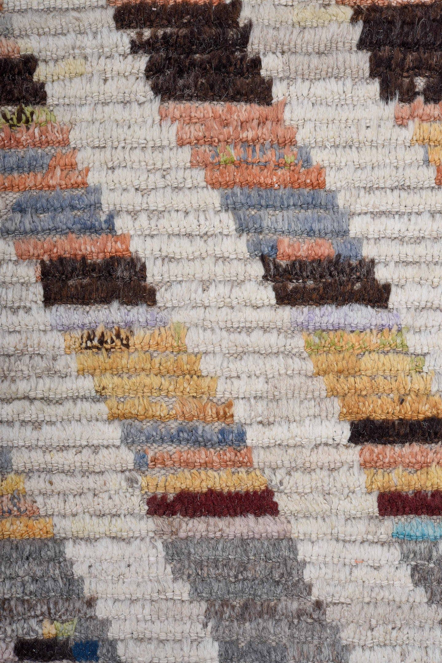 16' x 20' one-of-a-kind handmade vintage Tulu oversize rug. Color palette: ivory, gray, blue, charcoal, coral, gold, taupe