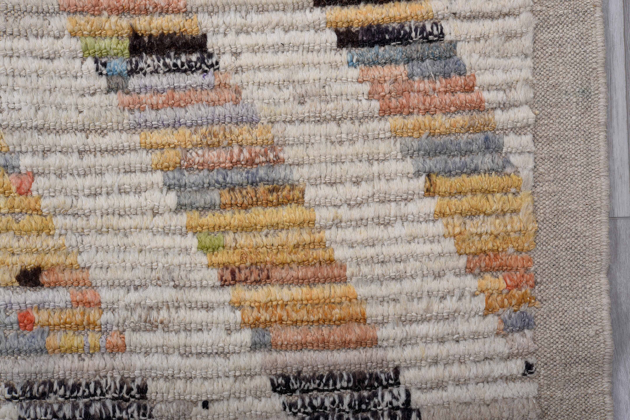 16' x 20' one-of-a-kind handmade vintage Tulu oversize rug. Color palette: ivory, gray, blue, charcoal, coral, gold, taupe