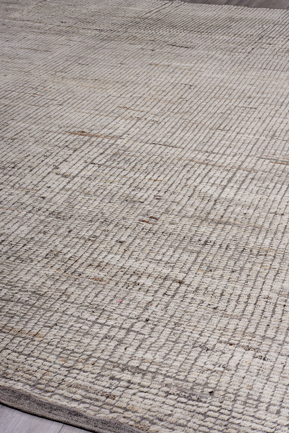 13' x 16' one-of-a-kind handmade vintage Tulu oversize rug. Color palette: ivory, gray, taupe, charcoal, greige, beige