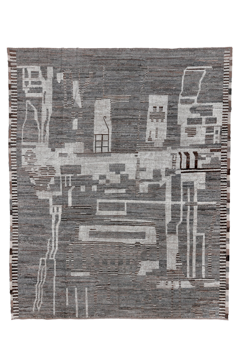 11' x 14' one-of-a-kind handmade vintage Tulu oversize rug. Color palette: black, dark gray, dim gray, gainsboro, gray