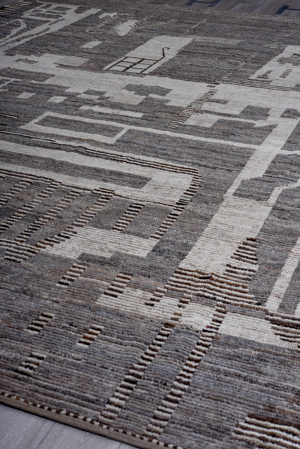 11' x 14' one-of-a-kind handmade vintage Tulu oversize rug. Color palette: gray, ivory, taupe, brown, charcoal, beige, black