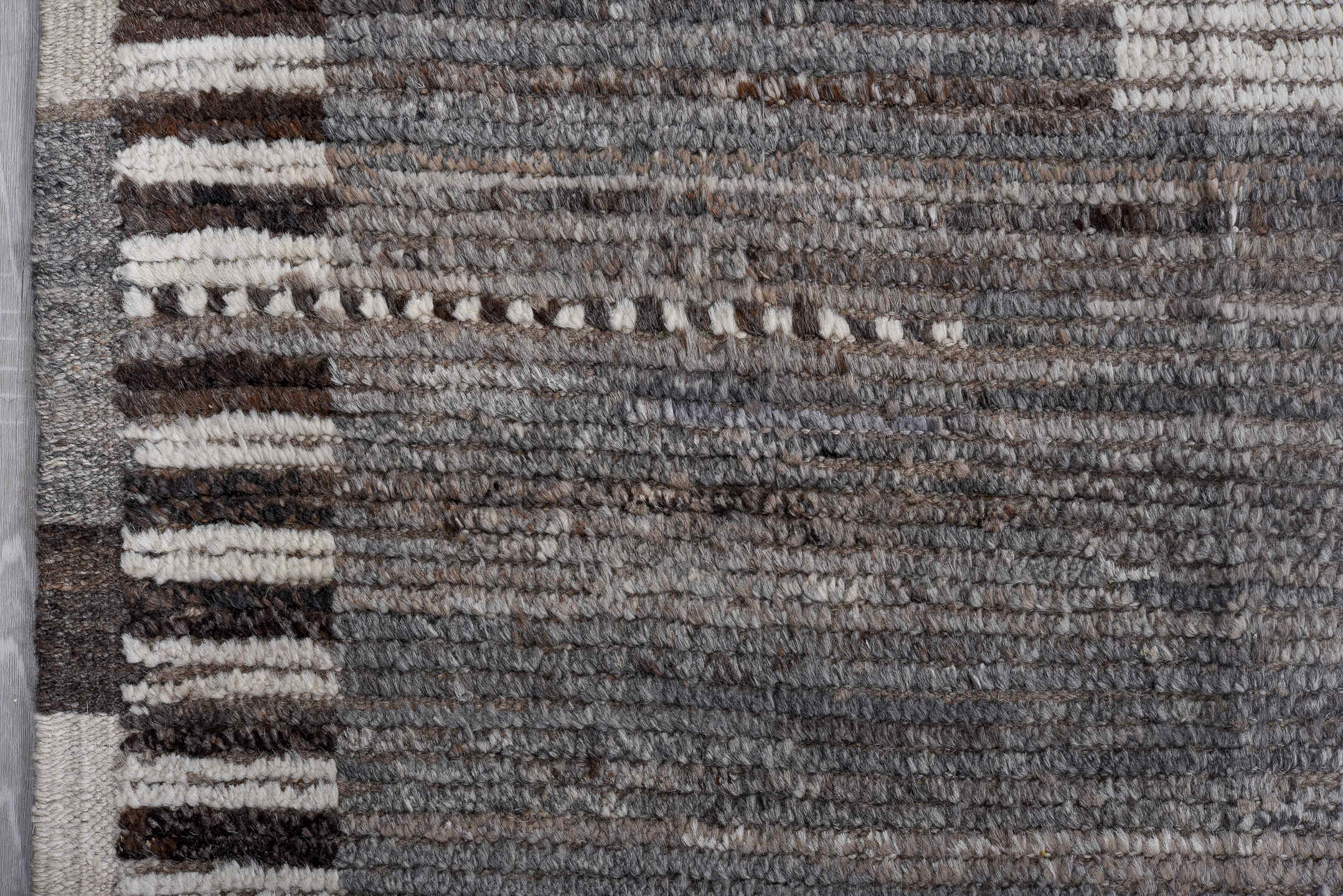 11' x 14' one-of-a-kind handmade vintage Tulu oversize rug. Color palette: gray, ivory, taupe, brown, charcoal, beige, black