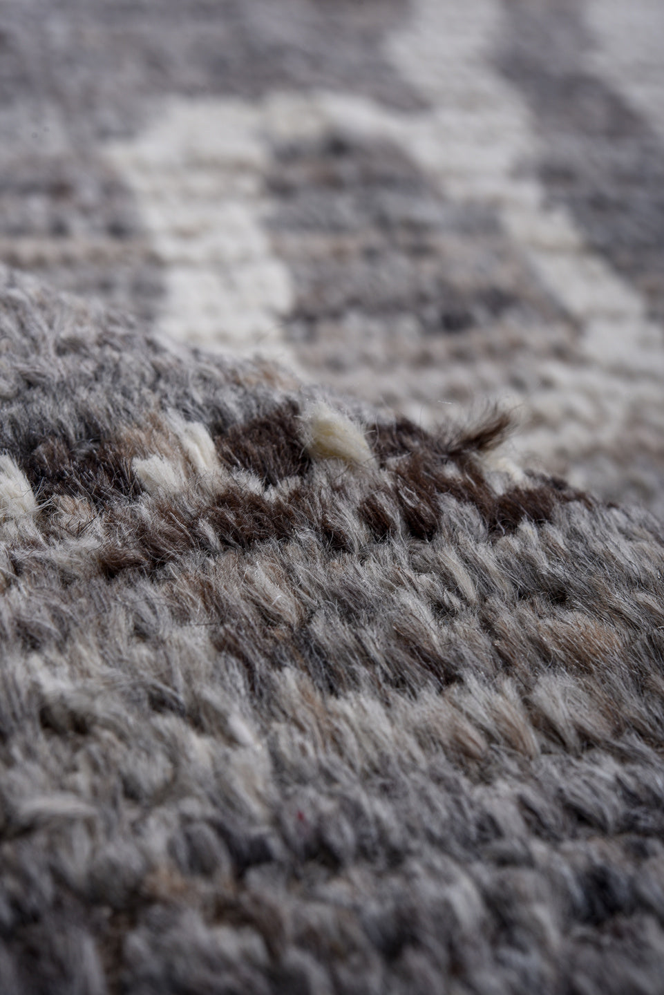 11' x 14' one-of-a-kind handmade vintage Tulu oversize rug. Color palette: gray, ivory, taupe, brown, charcoal, beige, black
