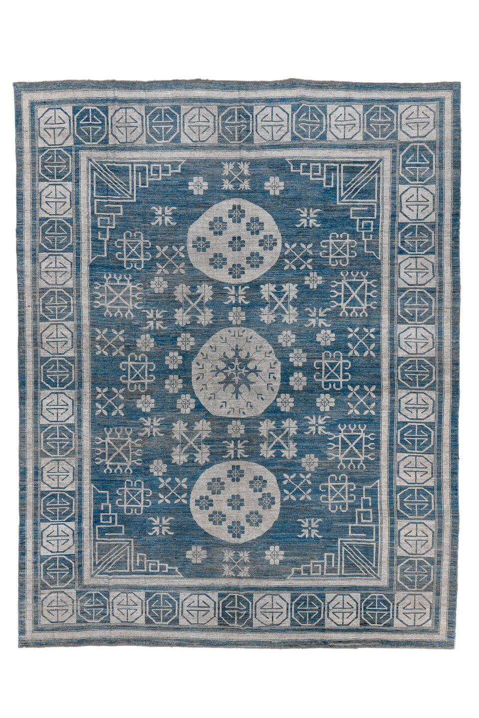 12' x 15' one-of-a-kind handmade vintage Oushak oversize rug. Color palette: black, blue, dark gray, fiord, gainsboro, gray