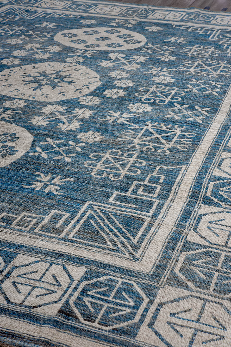 12' x 15' one-of-a-kind handmade vintage Oushak oversize rug. Color palette: blue, ivory, slate, cream, gray