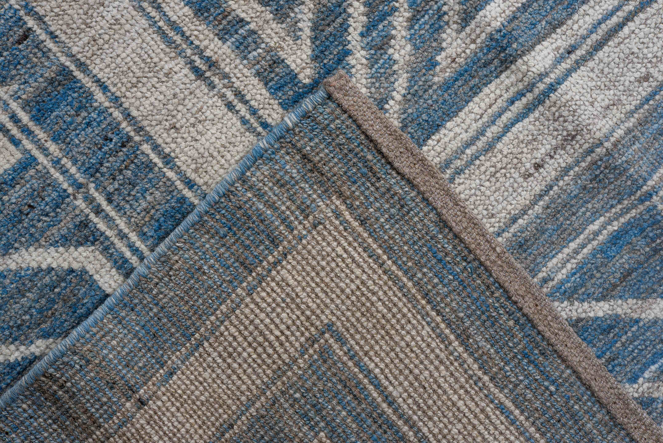 12' x 15' one-of-a-kind handmade vintage Oushak oversize rug. Color palette: blue, ivory, slate, cream, gray