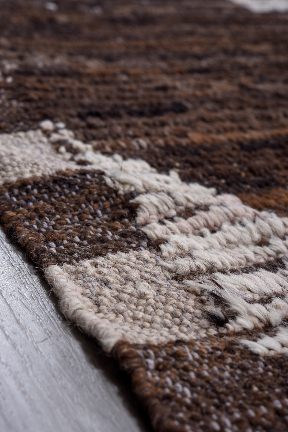 14' x 16' one-of-a-kind handmade vintage Tulu oversize rug. Color palette: brown, ivory, blue, tan, coral, charcoal, beige