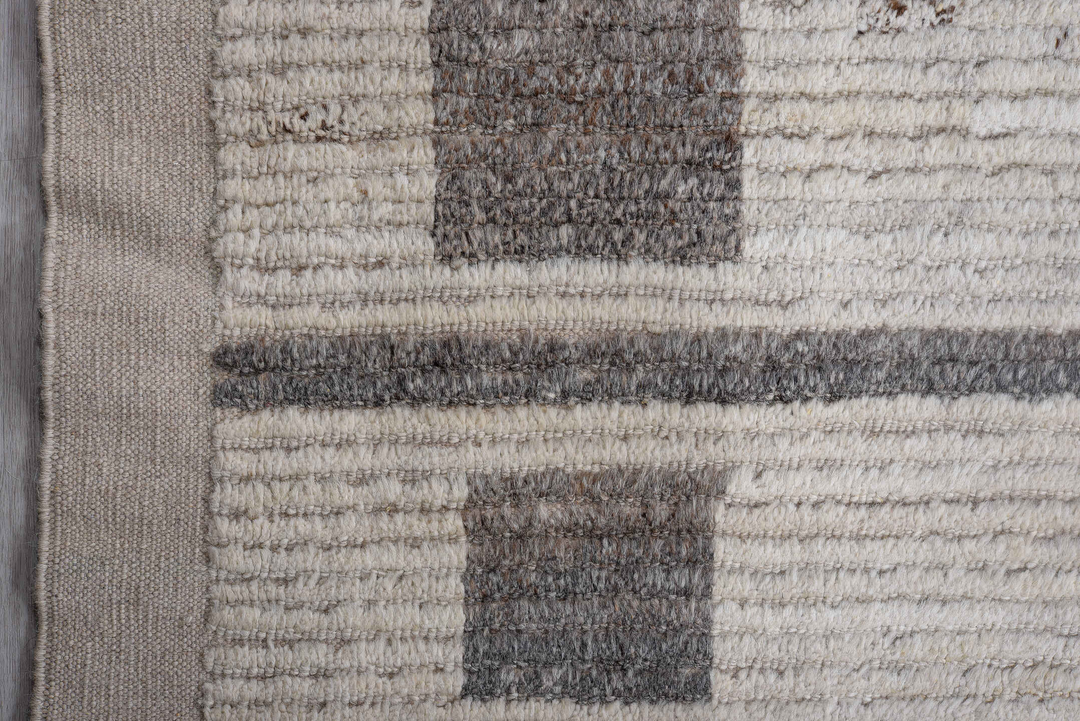 14' x 17' one-of-a-kind handmade vintage Tulu oversize rug. Color palette: ivory, charcoal, taupe, gray, black, beige