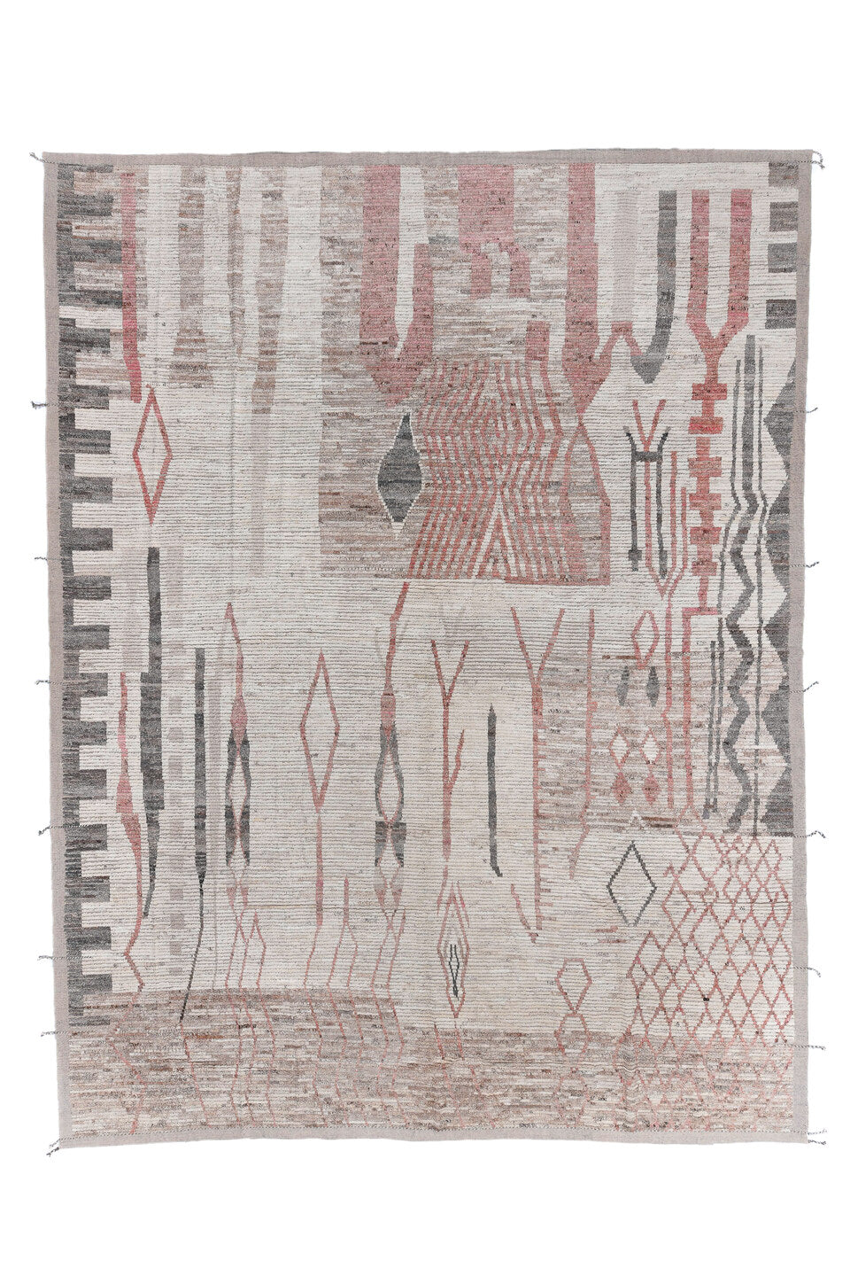 13' x 17' one-of-a-kind handmade vintage Tulu oversize rug. Color palette: dark gray, dim gray, gainsboro, gray, light gray