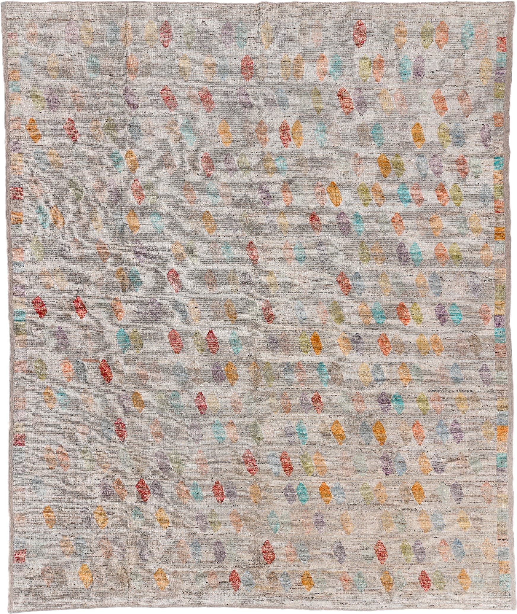 13' x 16' one-of-a-kind handmade vintage Tulu oversize rug. Color palette: ivory, taupe, coral, aqua, gold, sage, lavender