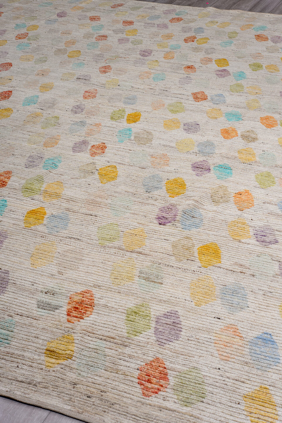 13' x 16' one-of-a-kind handmade vintage Tulu oversize rug. Color palette: ivory, taupe, coral, aqua, gold, sage, lavender
