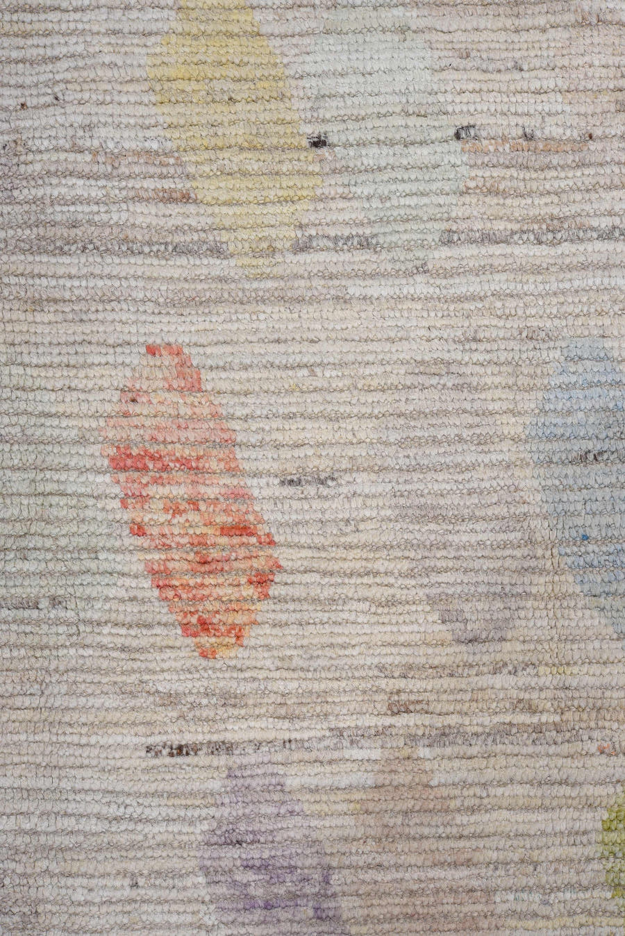 13' x 16' one-of-a-kind handmade vintage Tulu oversize rug. Color palette: ivory, taupe, coral, aqua, gold, sage, lavender
