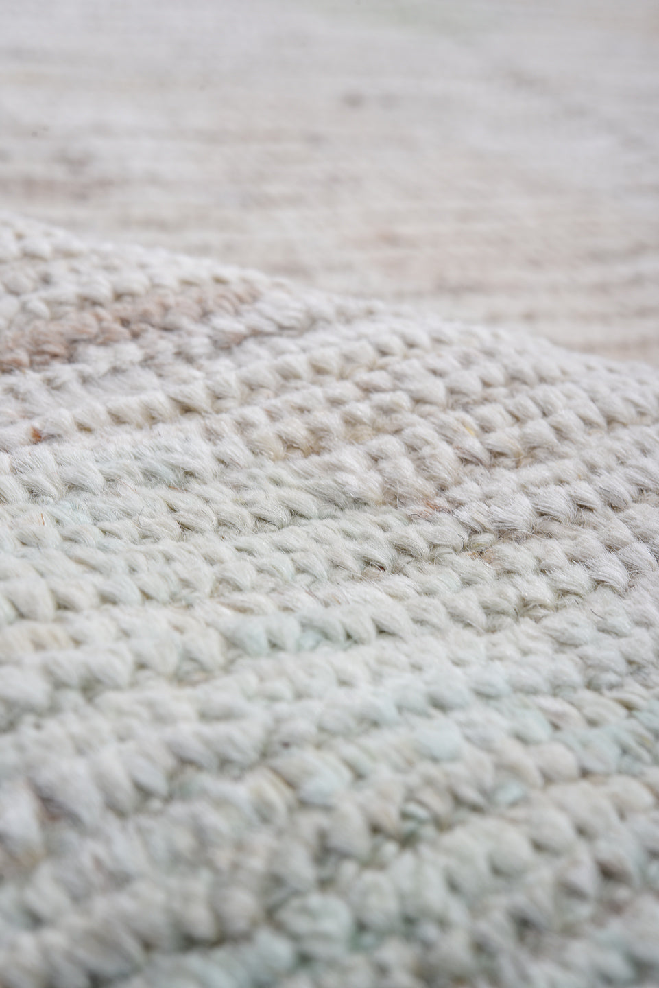 13' x 16' one-of-a-kind handmade vintage Tulu oversize rug. Color palette: ivory, taupe, coral, aqua, gold, sage, lavender