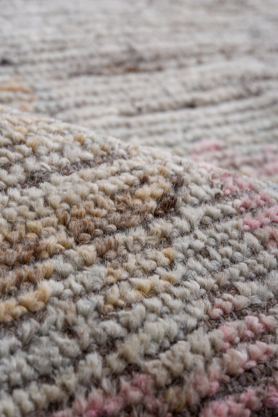 10' x 14' one-of-a-kind handmade vintage Oushak rug. Color palette: gray, powder blue, blush, beige, ivory, taupe, charcoal