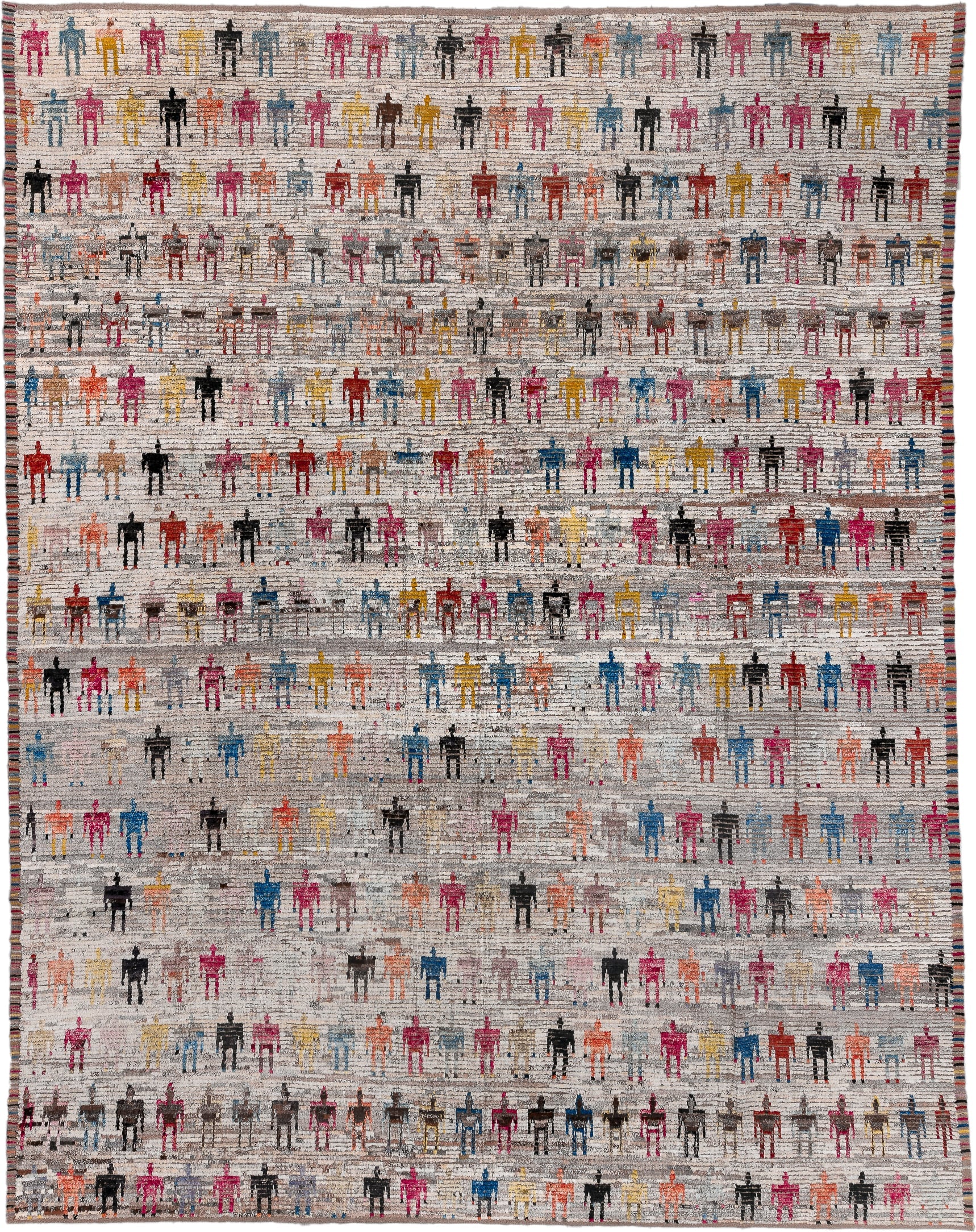 13' x 16' one-of-a-kind handmade vintage Tulu oversize rug. Color palette: ivory, gray, pink, charcoal, sky blue, gold