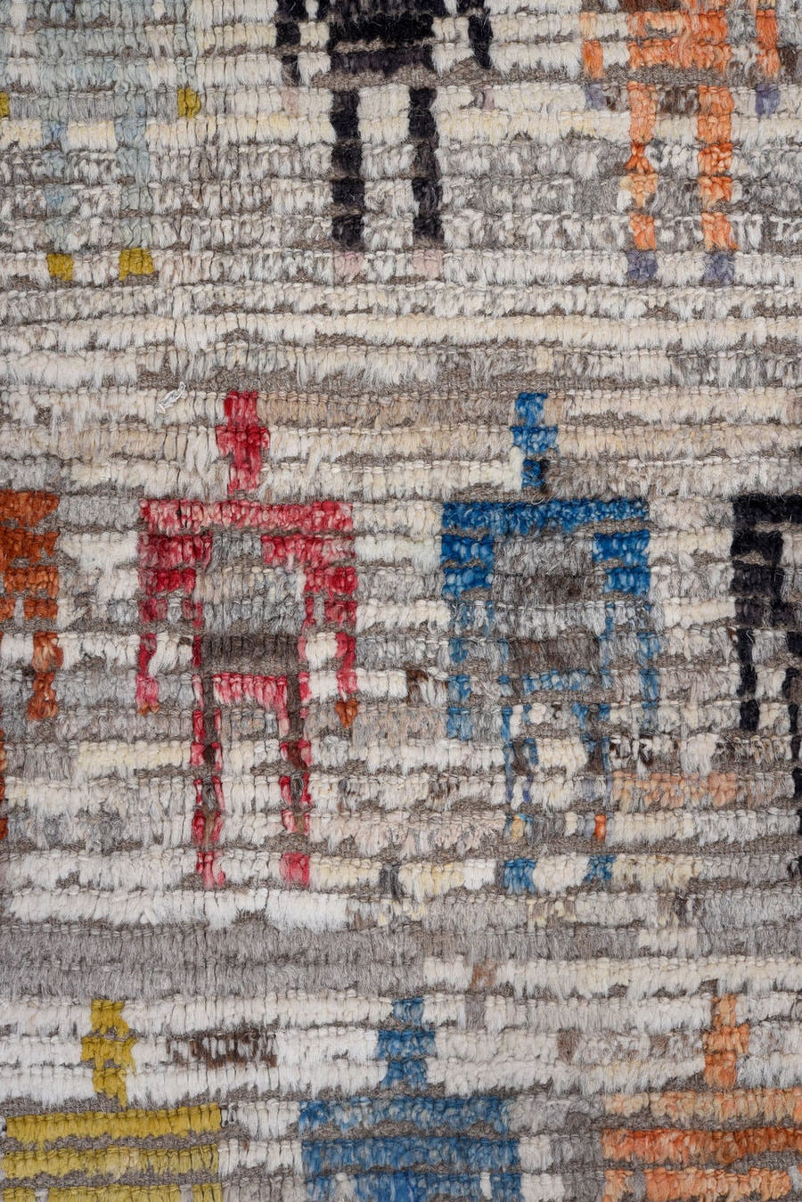 13' x 16' one-of-a-kind handmade vintage Tulu oversize rug. Color palette: ivory, gray, pink, charcoal, sky blue, gold