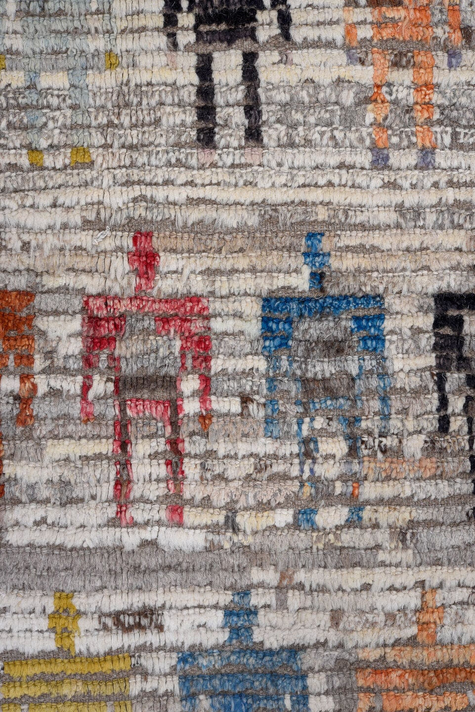 13' x 16' one-of-a-kind handmade vintage Tulu oversize rug. Color palette: ivory, gray, pink, charcoal, sky blue, gold