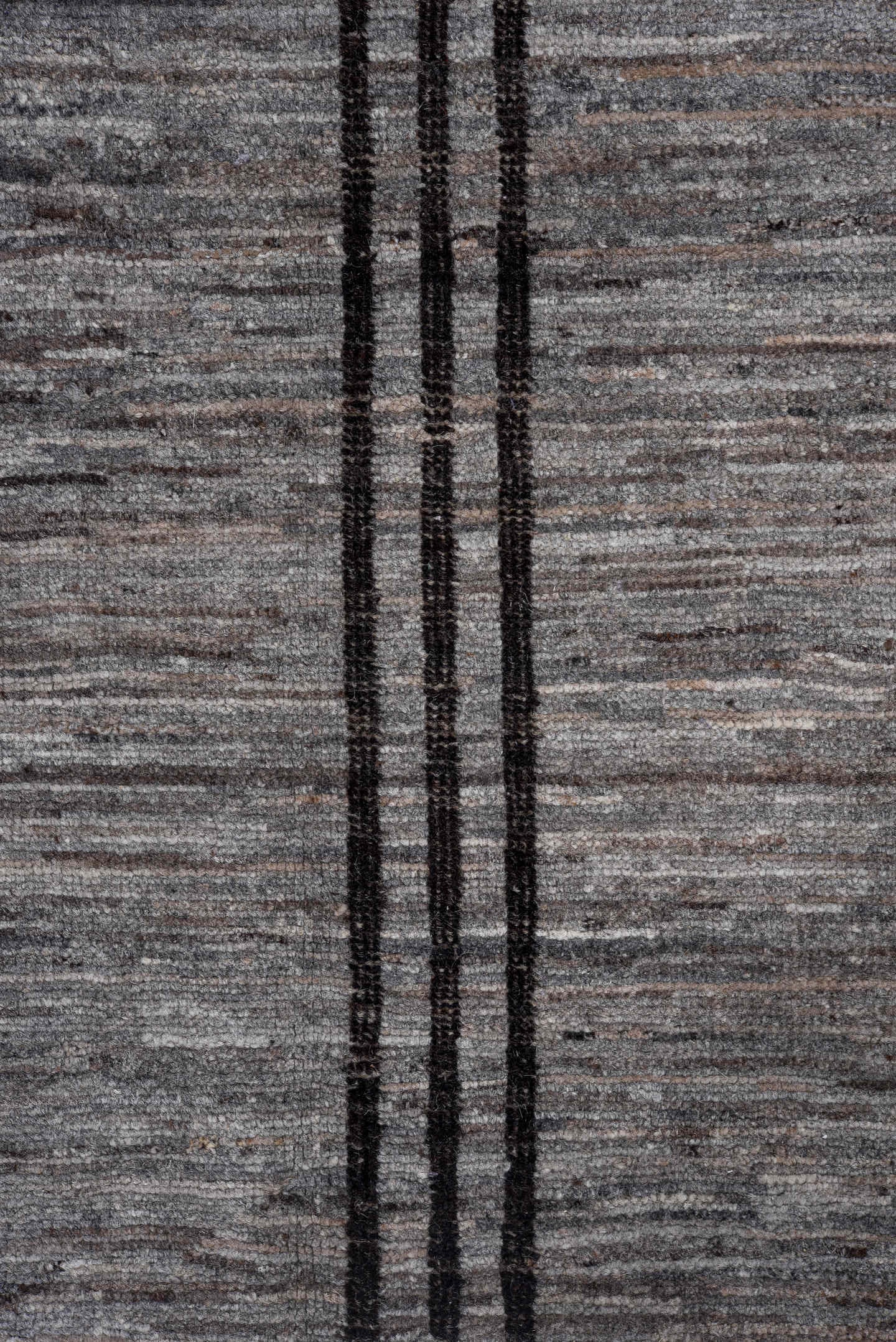 6' x 15' one-of-a-kind handmade vintage Tulu rug. Color palette: gray, charcoal, taupe, black, beige