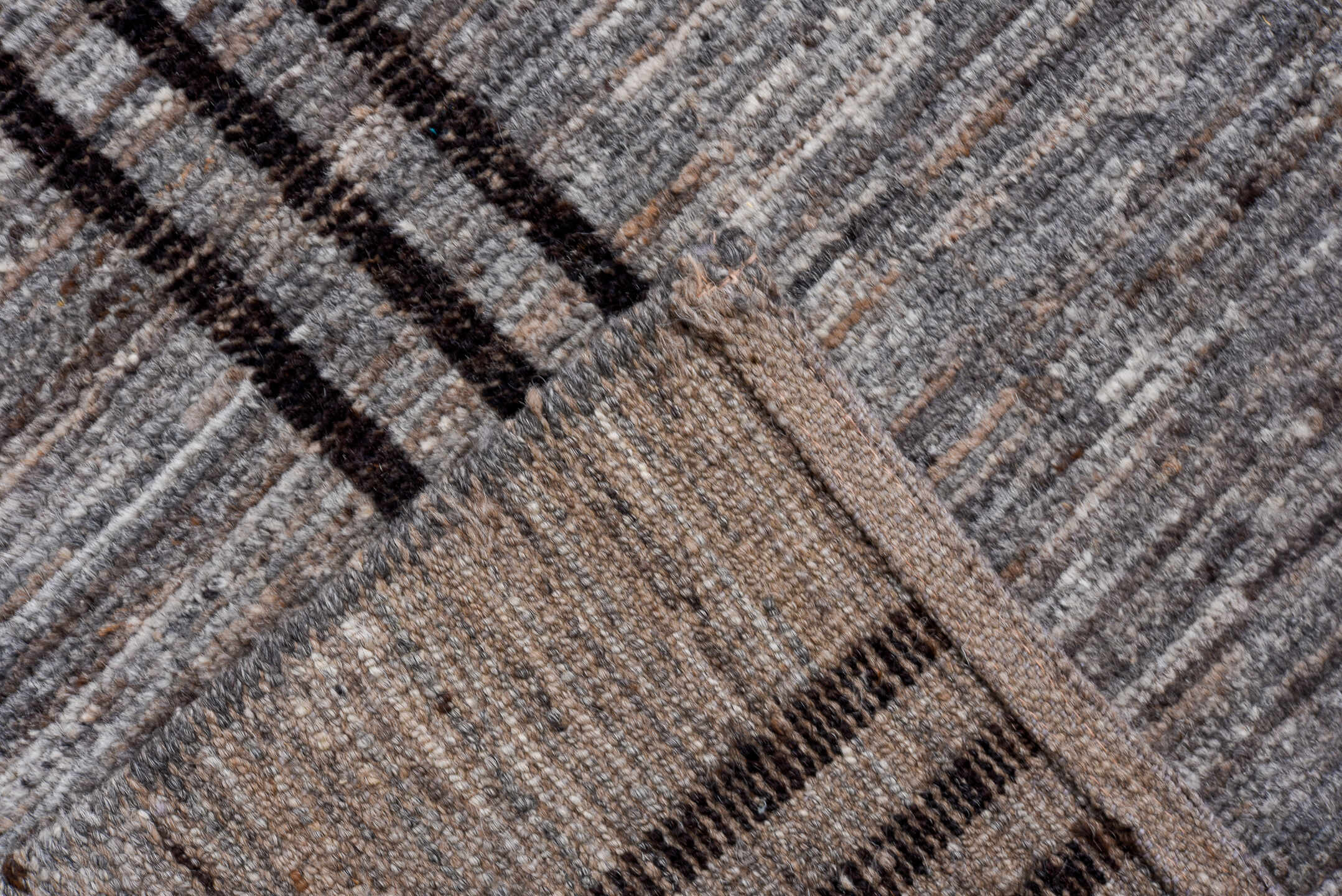 6' x 15' one-of-a-kind handmade vintage Tulu rug. Color palette: gray, charcoal, taupe, black, beige